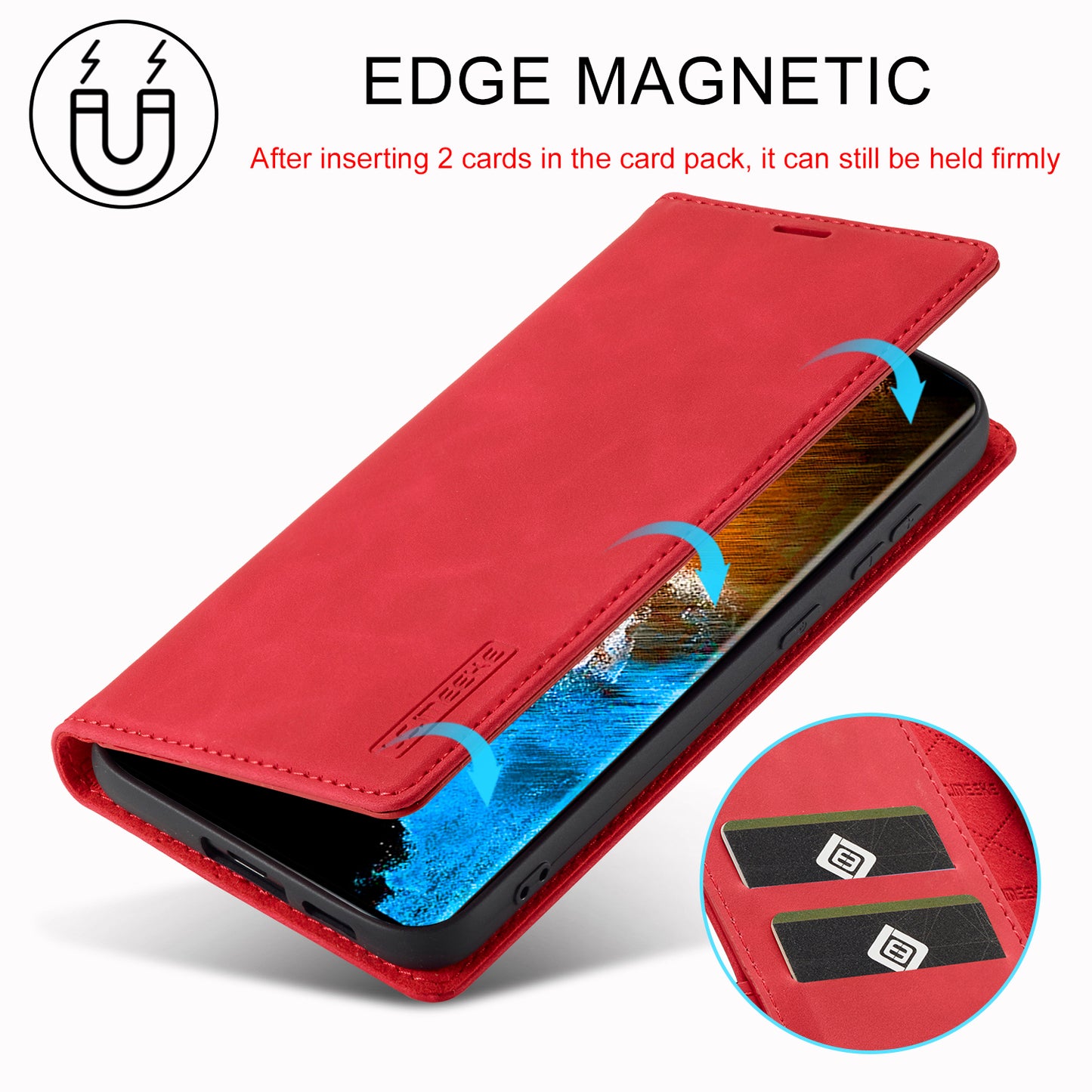 LC.IMEEKE For Samsung Galaxy S24 Case Microfiber Leather Folio Stand View Phone Cover - Red