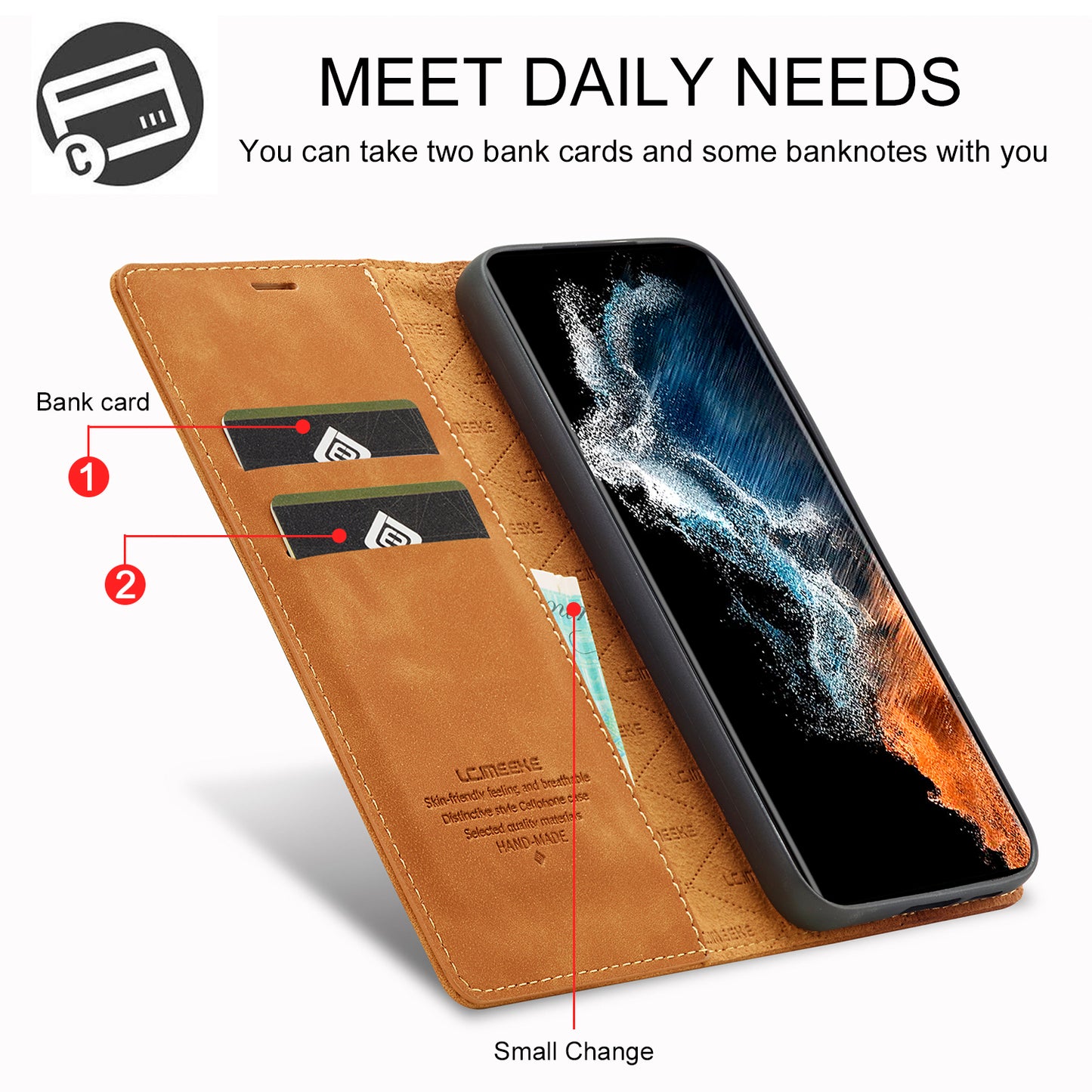 LC.IMEEKE For Samsung Galaxy S24 Case Microfiber Leather Folio Stand View Phone Cover - Brown
