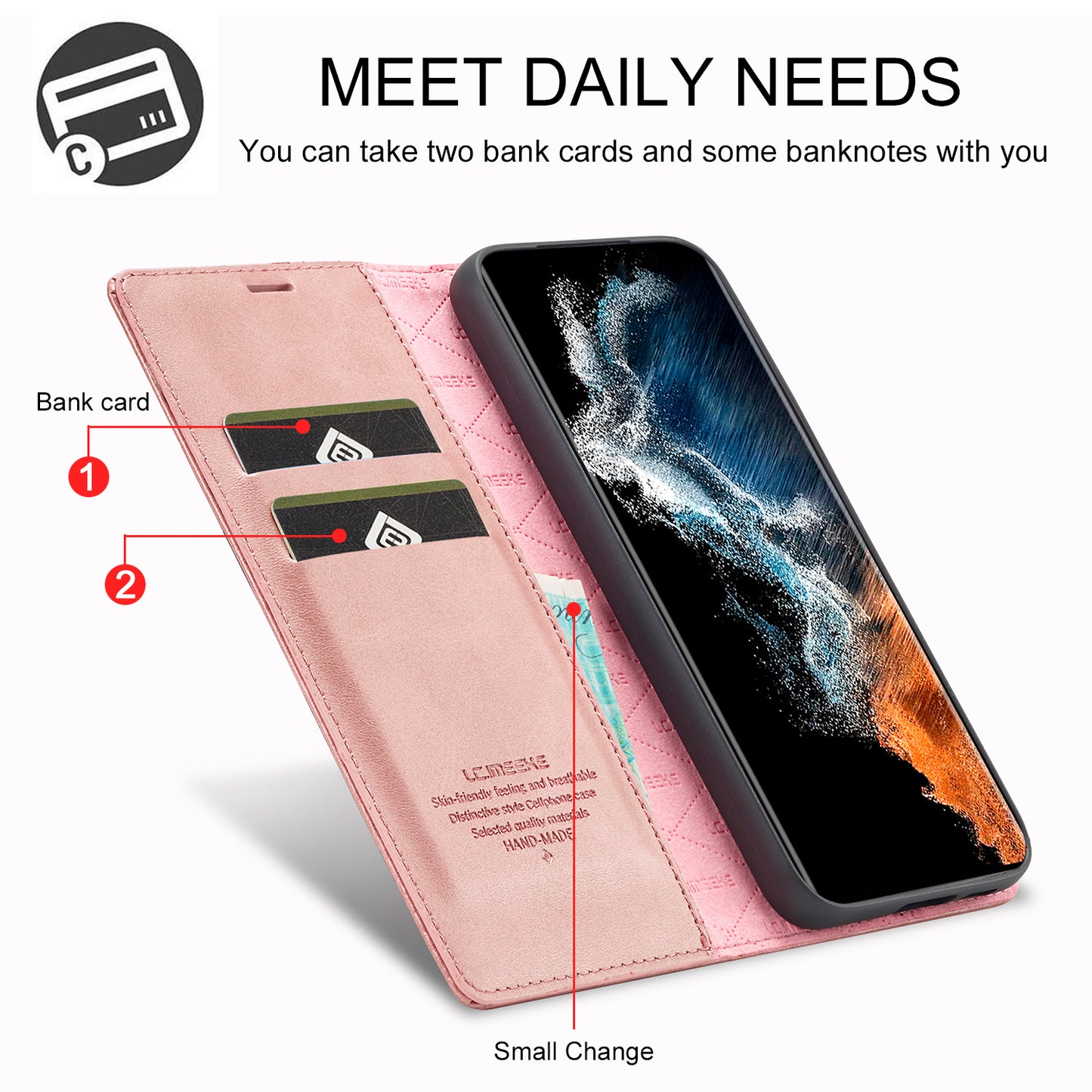LC.IMEEKE For Samsung Galaxy S24 Case Microfiber Leather Folio Stand View Phone Cover - Rose Gold