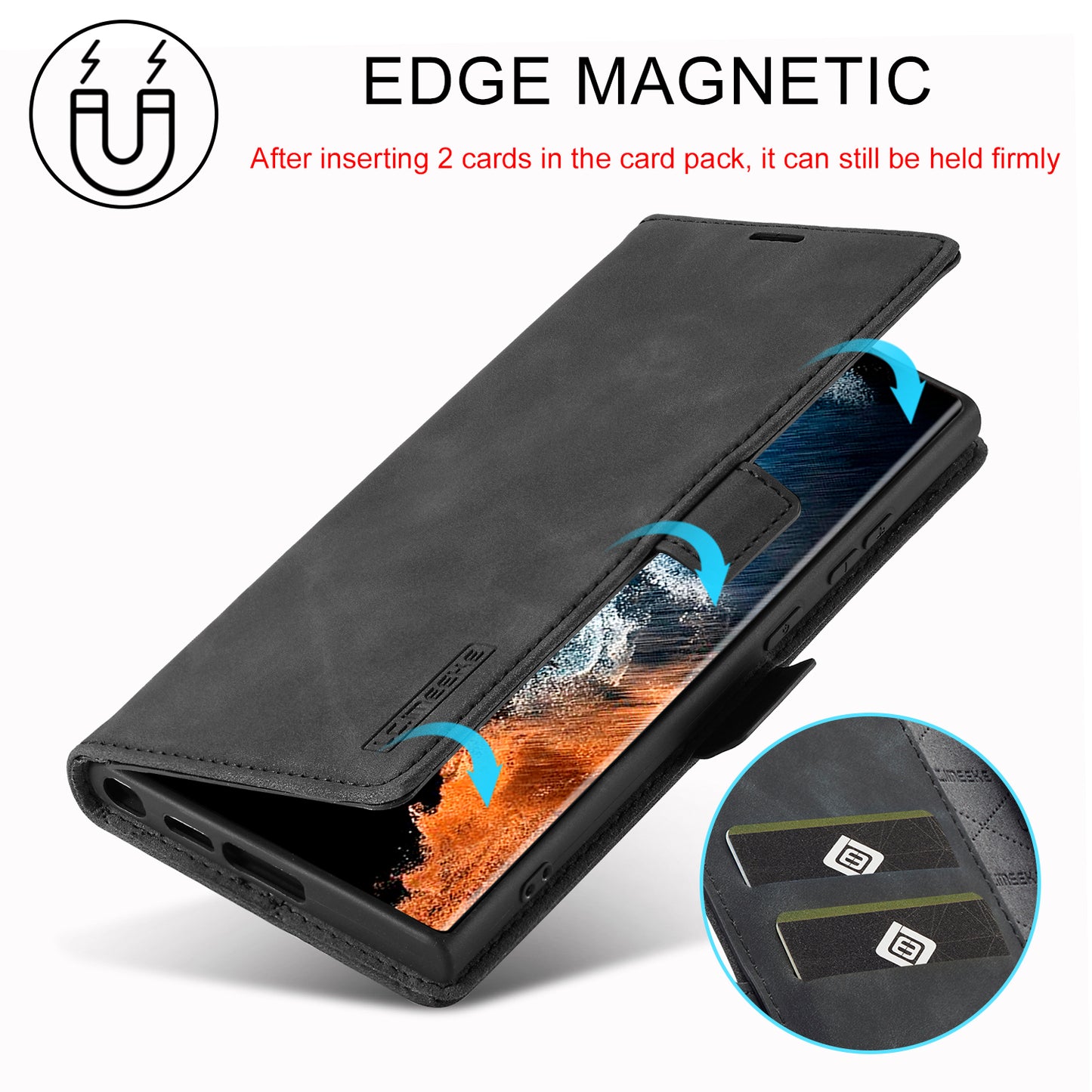 LC.IMEEKE For Samsung Galaxy S24 Ultra Case Magnetic Closure Microfiber Leather Phone Cover - Black