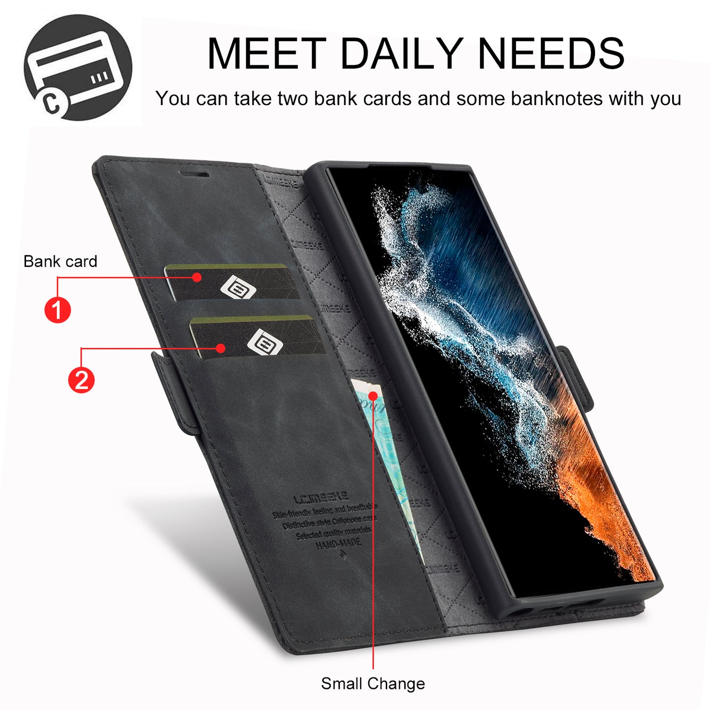 LC.IMEEKE For Samsung Galaxy S24 Ultra Case Magnetic Closure Microfiber Leather Phone Cover - Black