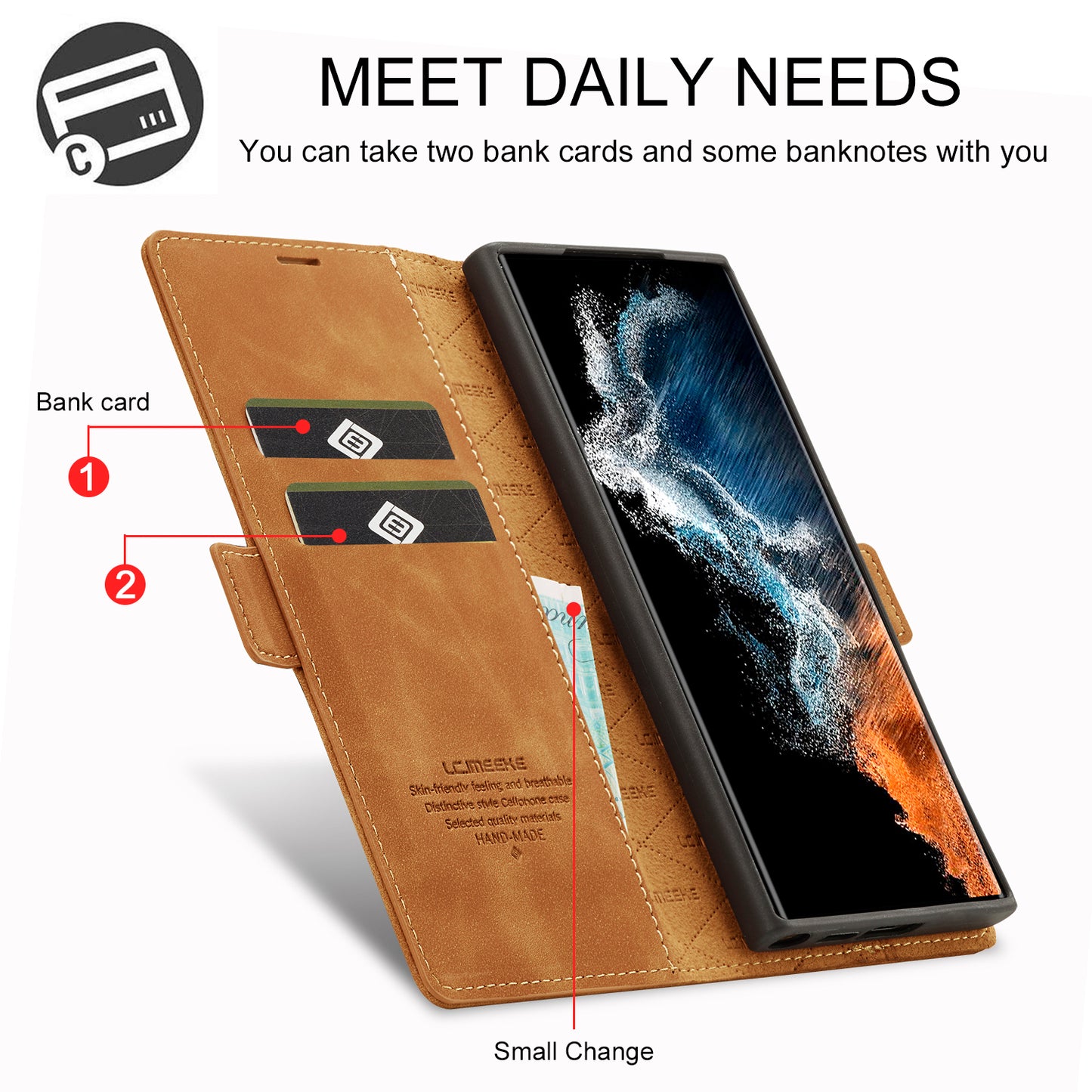 LC.IMEEKE For Samsung Galaxy S24 Ultra Case Magnetic Closure Microfiber Leather Phone Cover - Brown