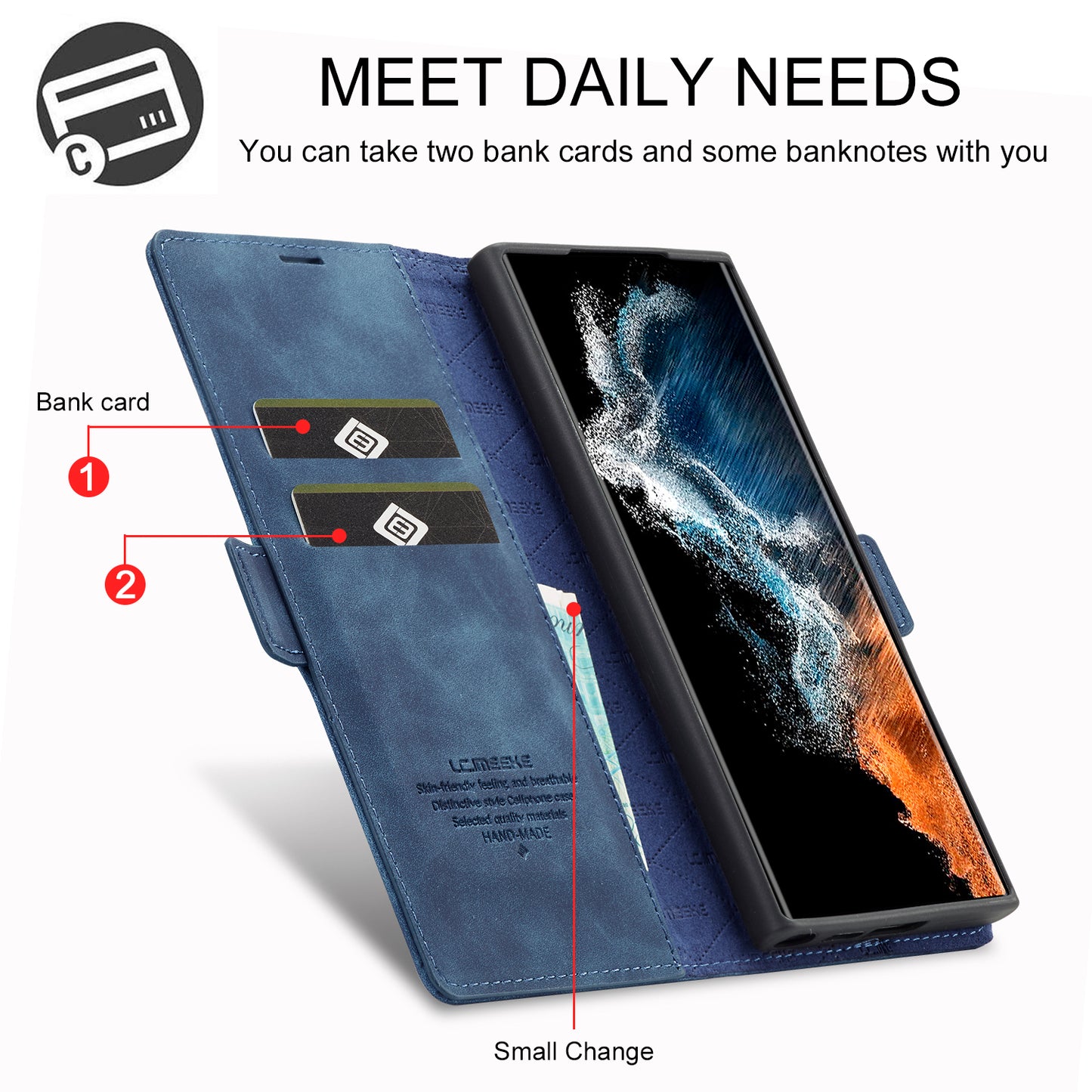 LC.IMEEKE For Samsung Galaxy S24 Ultra Case Magnetic Closure Microfiber Leather Phone Cover - Blue