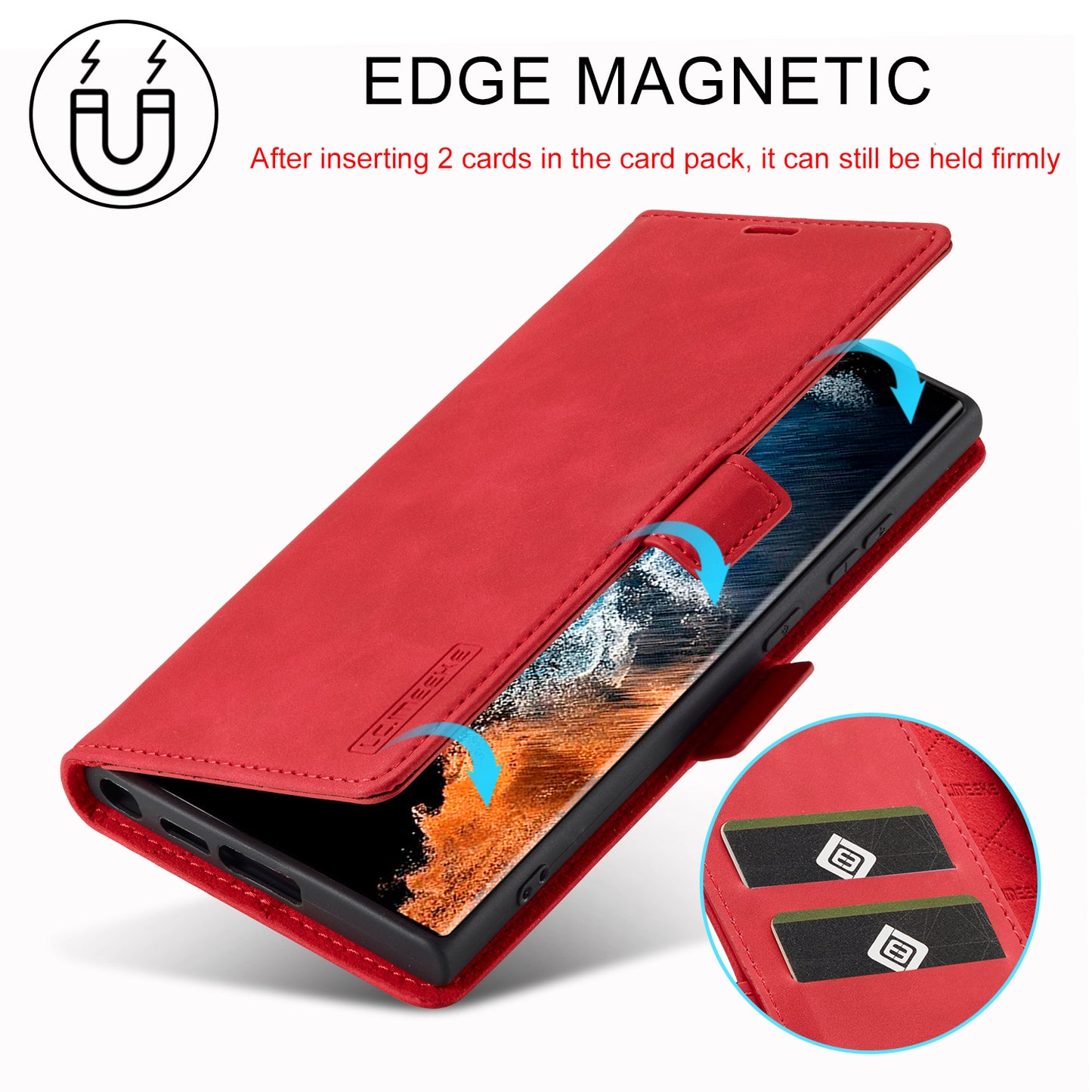 LC.IMEEKE For Samsung Galaxy S24 Ultra Case Magnetic Closure Microfiber Leather Phone Cover - Red