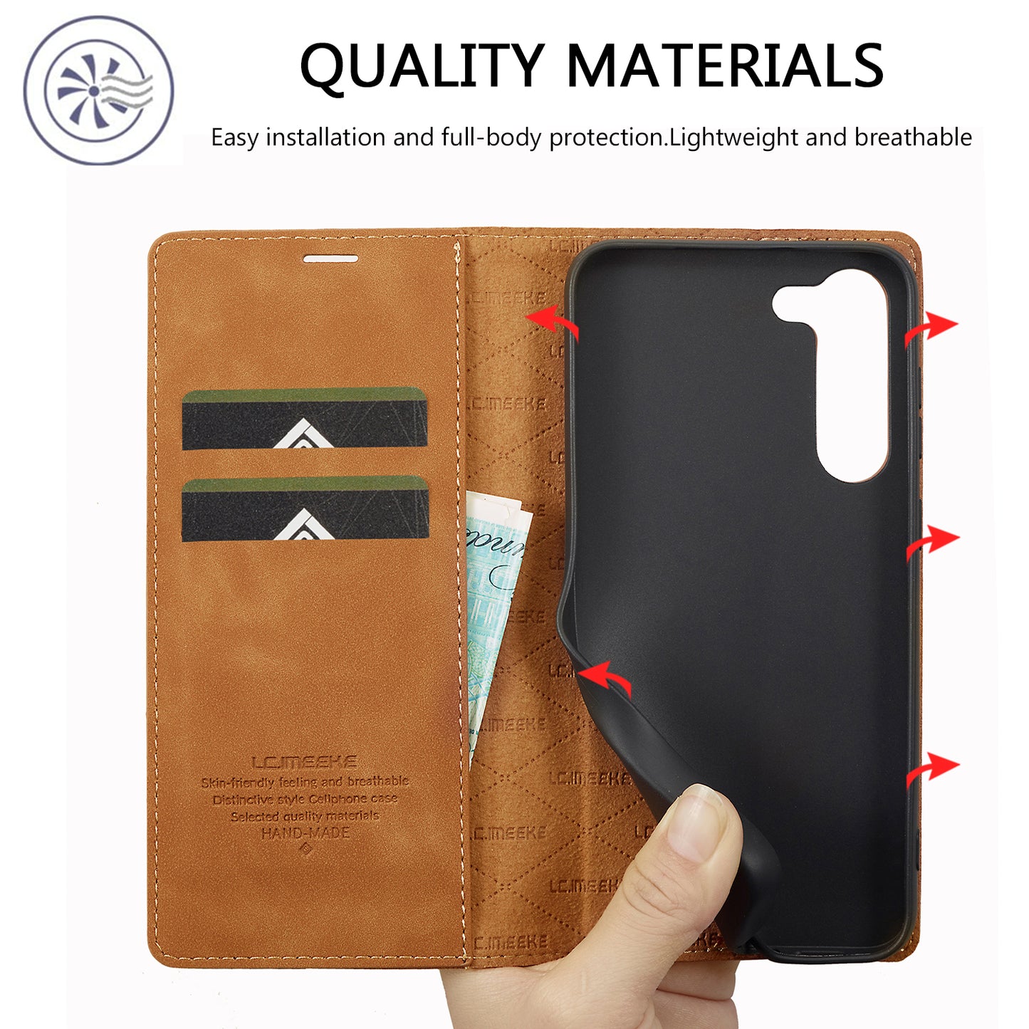 LC.IMEEKE For Samsung Galaxy S24+ Microfiber Leather Case Wallet Phone Cover Viewing Stand - Brown