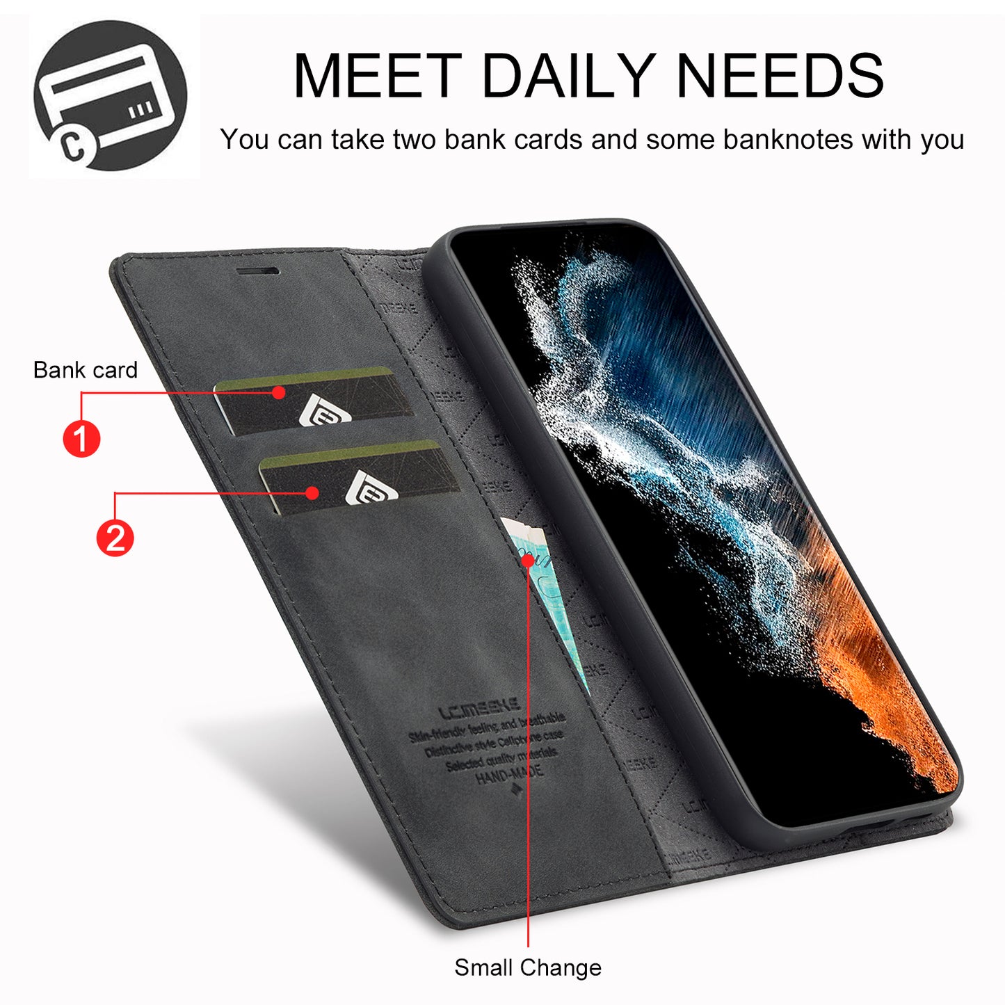 LC.IMEEKE For Samsung Galaxy S24+ Microfiber Leather Case Wallet Phone Cover Viewing Stand - Black