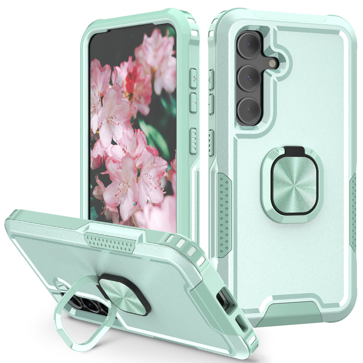 For Samsung Galaxy S24 Cell Phone Case PC+Silicone Rotary Ring Kickstand Back Cover - Green