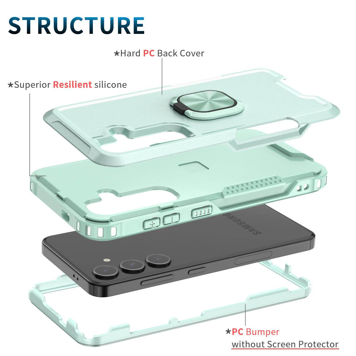 For Samsung Galaxy S24 Cell Phone Case PC+Silicone Rotary Ring Kickstand Back Cover - Green