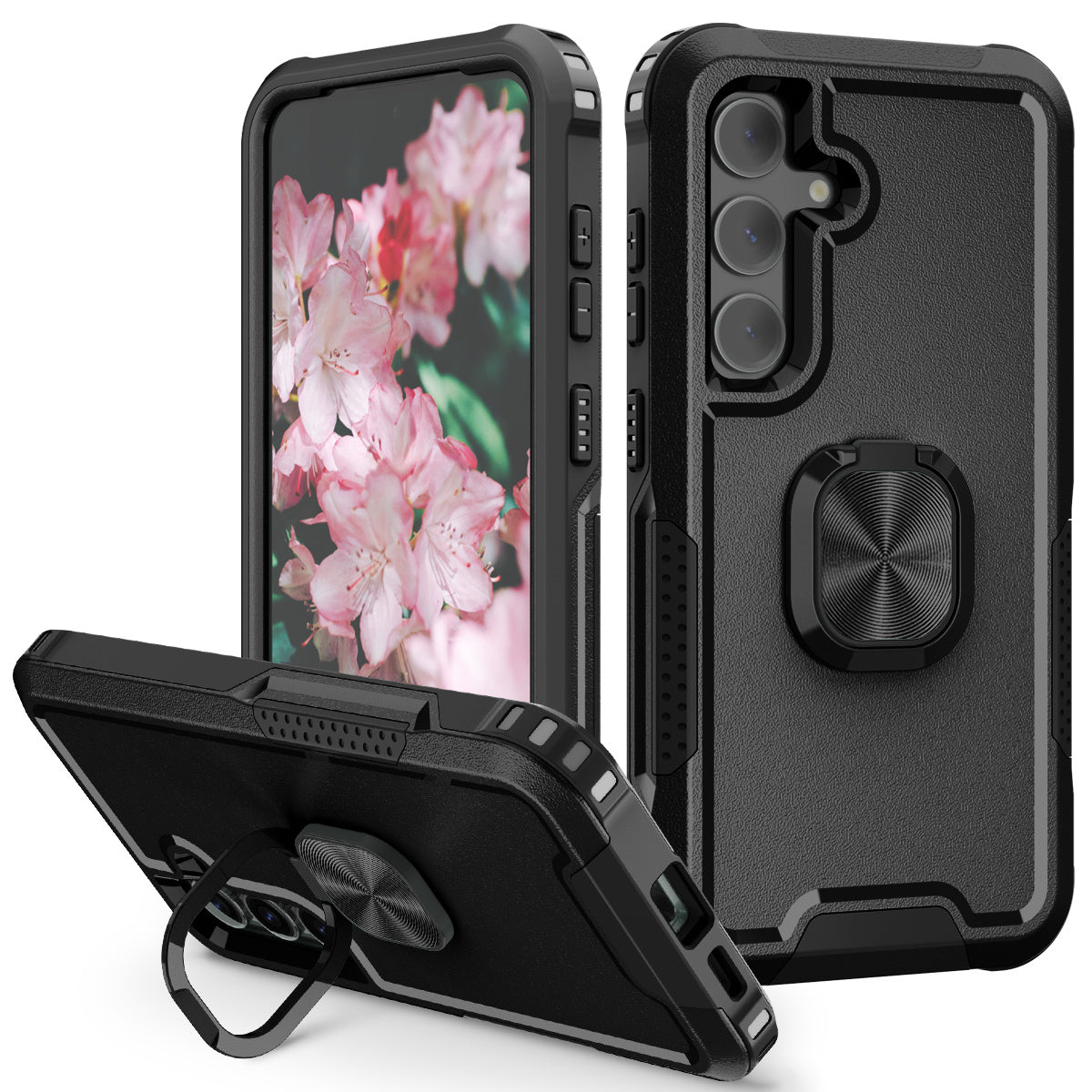 For Samsung Galaxy S24 Cell Phone Case PC+Silicone Rotary Ring Kickstand Back Cover - Black
