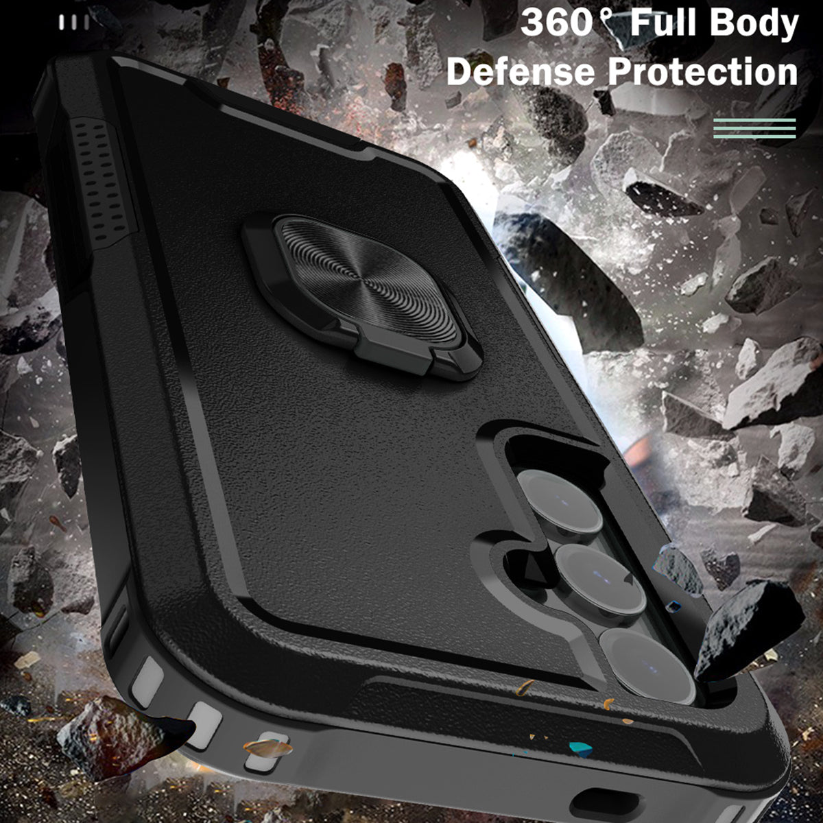 For Samsung Galaxy S24 Cell Phone Case PC+Silicone Rotary Ring Kickstand Back Cover - Black