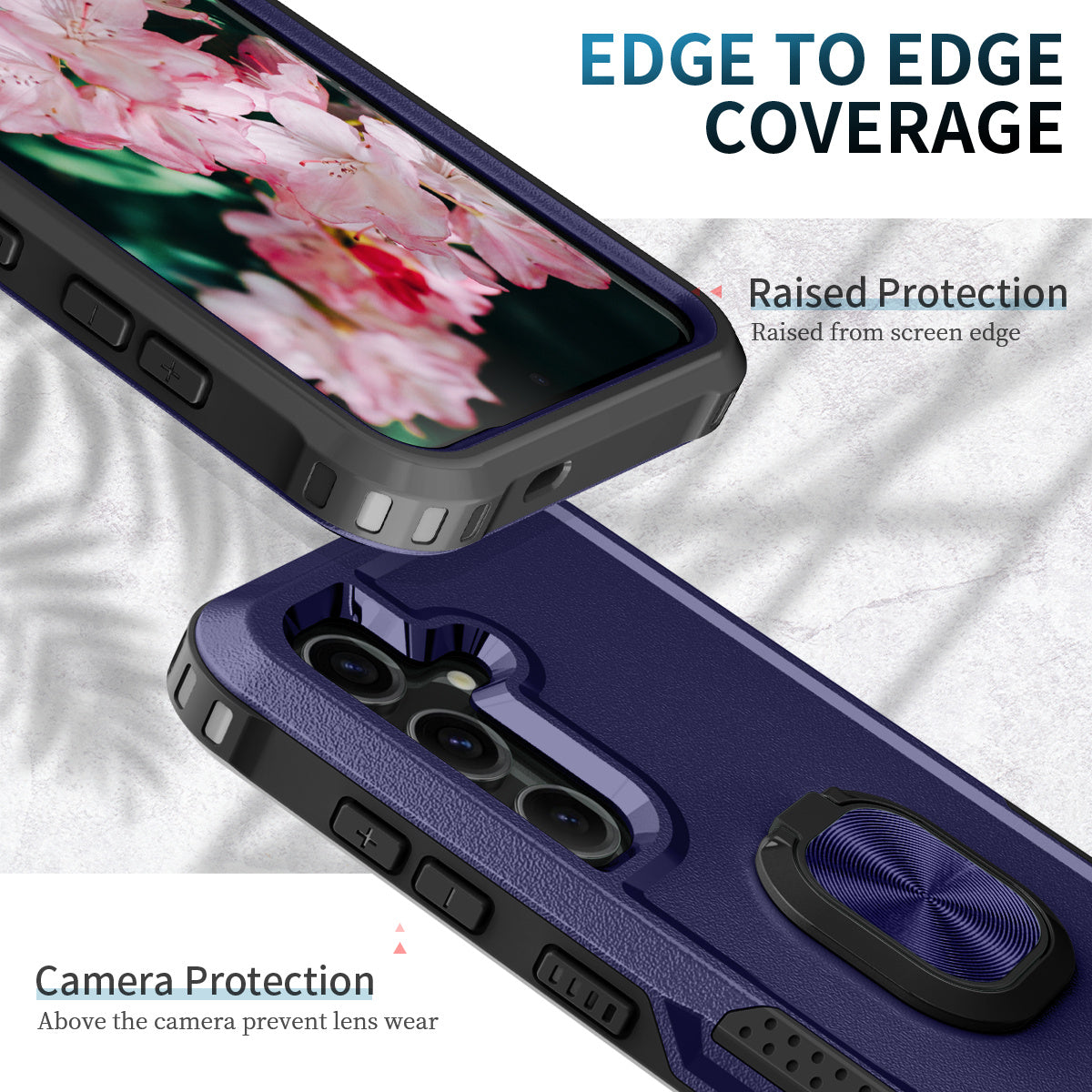 For Samsung Galaxy S24 Cell Phone Case PC+Silicone Rotary Ring Kickstand Back Cover - Navy Blue