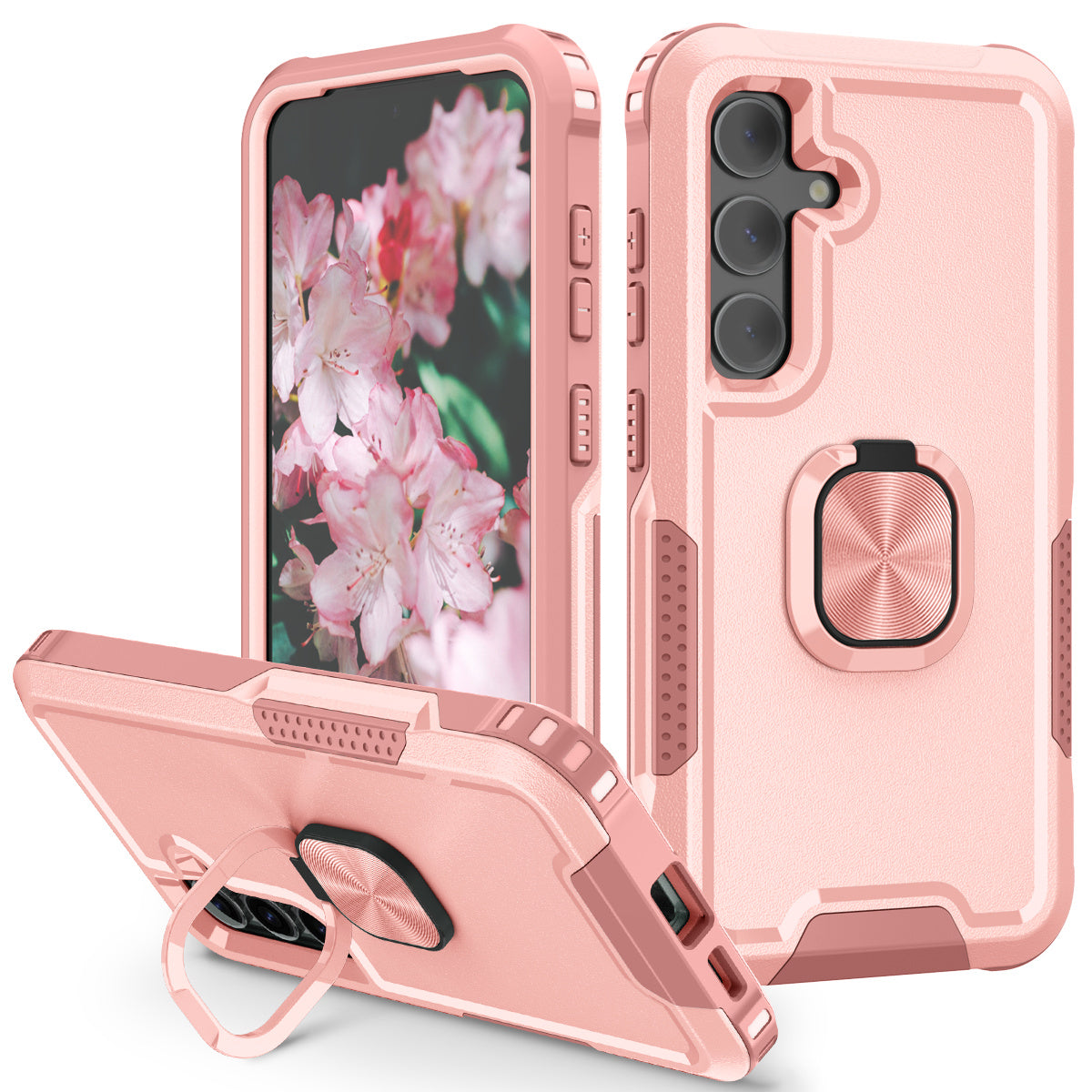For Samsung Galaxy S24 Cell Phone Case PC+Silicone Rotary Ring Kickstand Back Cover - Pink