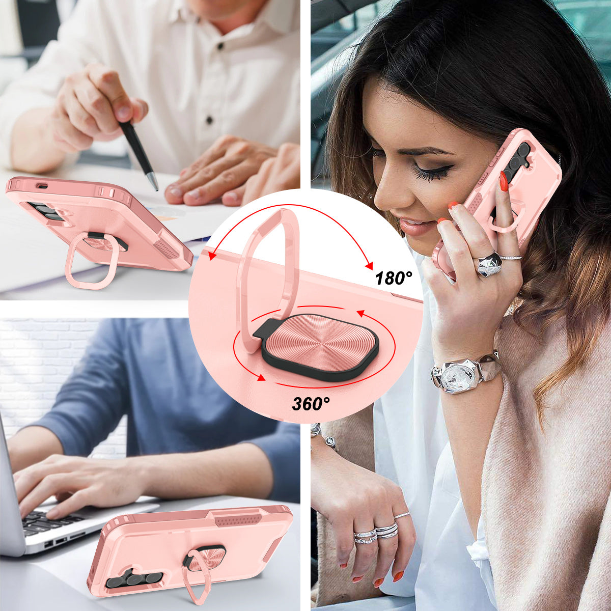 For Samsung Galaxy S24 Cell Phone Case PC+Silicone Rotary Ring Kickstand Back Cover - Pink