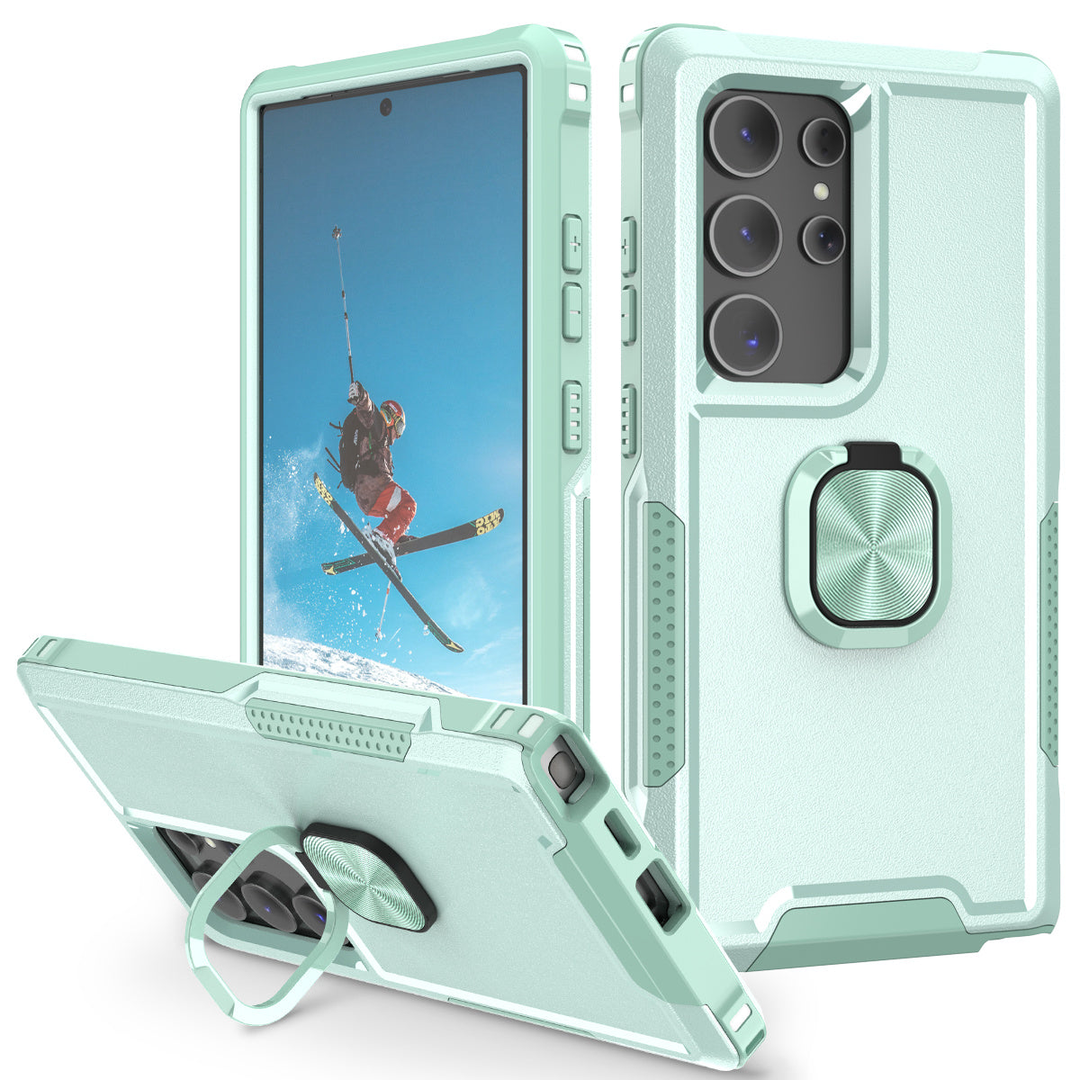 For Samsung Galaxy S24 Ultra Case Shockproof PC+Silicone Phone Cover with Rotary Ring Kickstand - Green