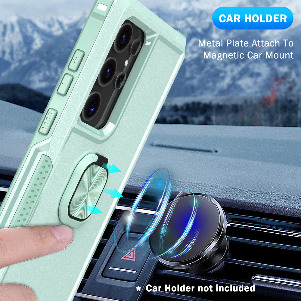 For Samsung Galaxy S24 Ultra Case Shockproof PC+Silicone Phone Cover with Rotary Ring Kickstand - Green