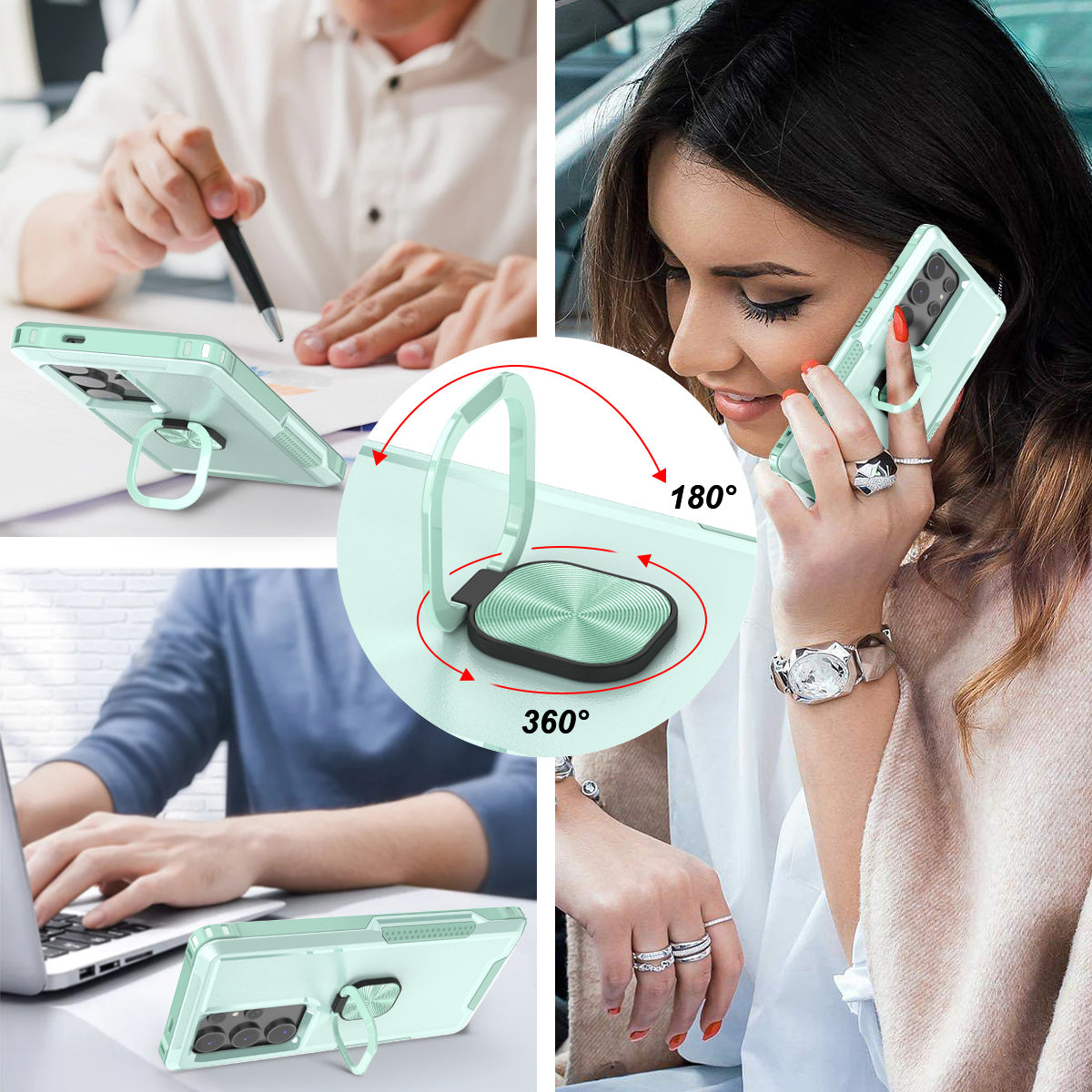 For Samsung Galaxy S24 Ultra Case Shockproof PC+Silicone Phone Cover with Rotary Ring Kickstand - Green