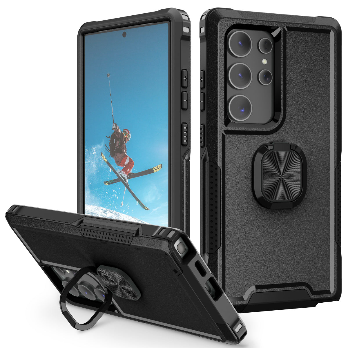 For Samsung Galaxy S24 Ultra Case Shockproof PC+Silicone Phone Cover with Rotary Ring Kickstand - Black