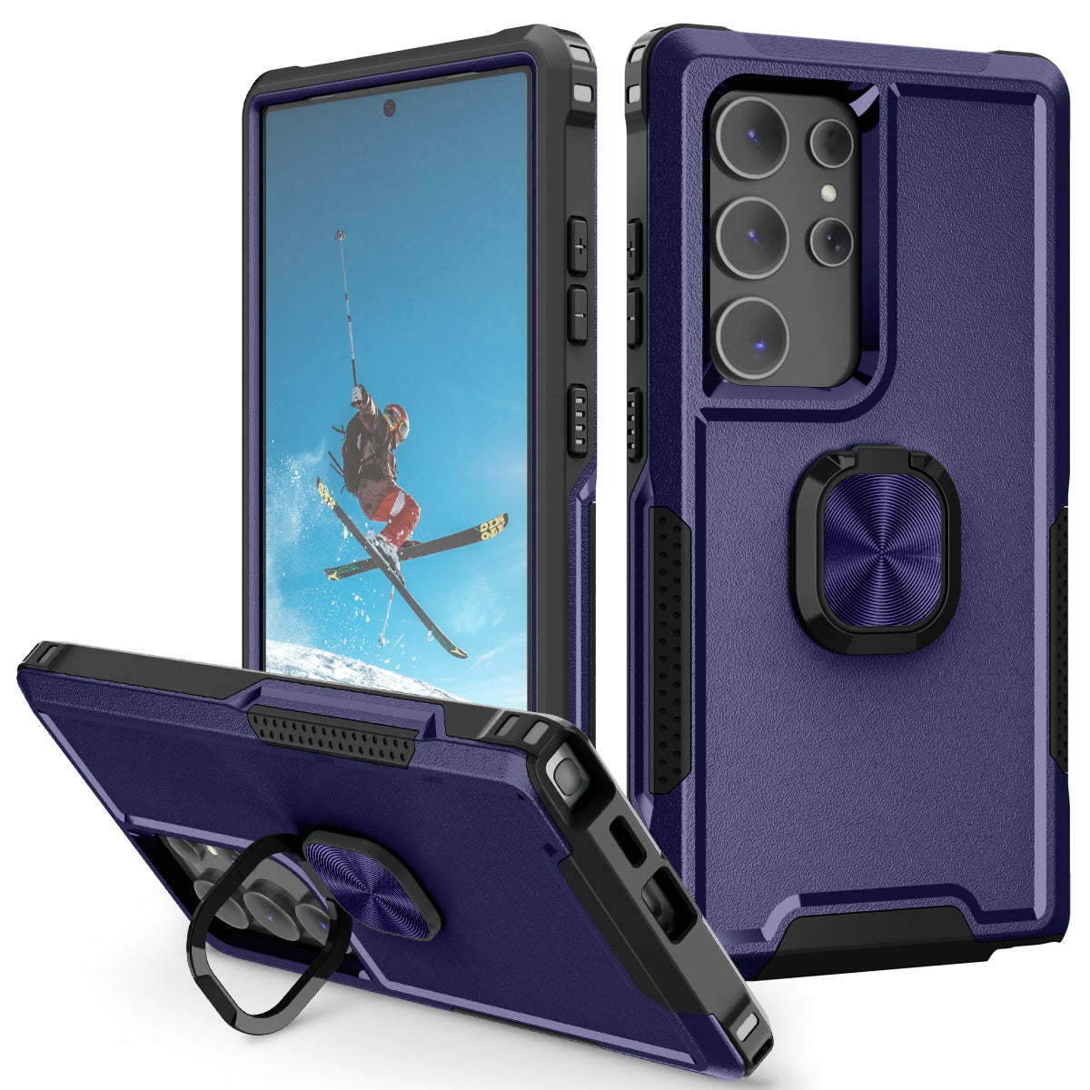 For Samsung Galaxy S24 Ultra Case Shockproof PC+Silicone Phone Cover with Rotary Ring Kickstand - Navy Blue