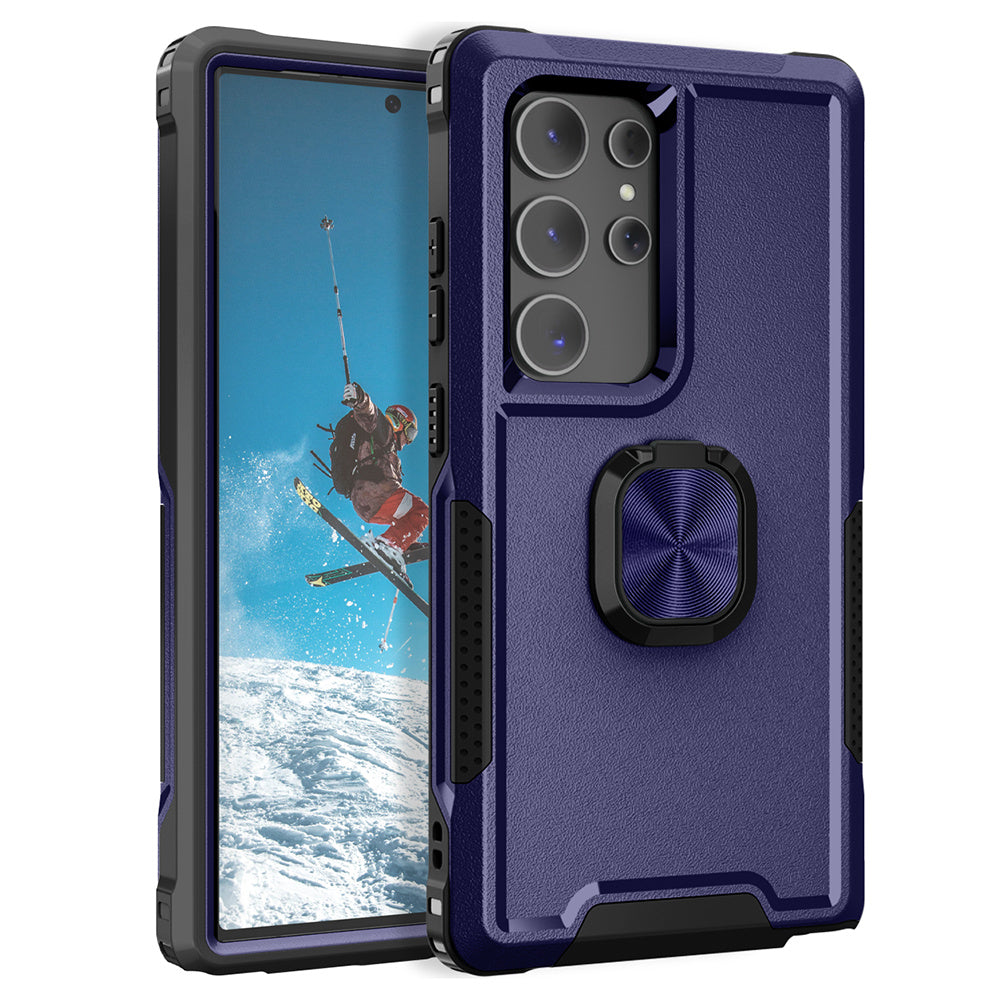 For Samsung Galaxy S24 Ultra Case Shockproof PC+Silicone Phone Cover with Rotary Ring Kickstand - Navy Blue