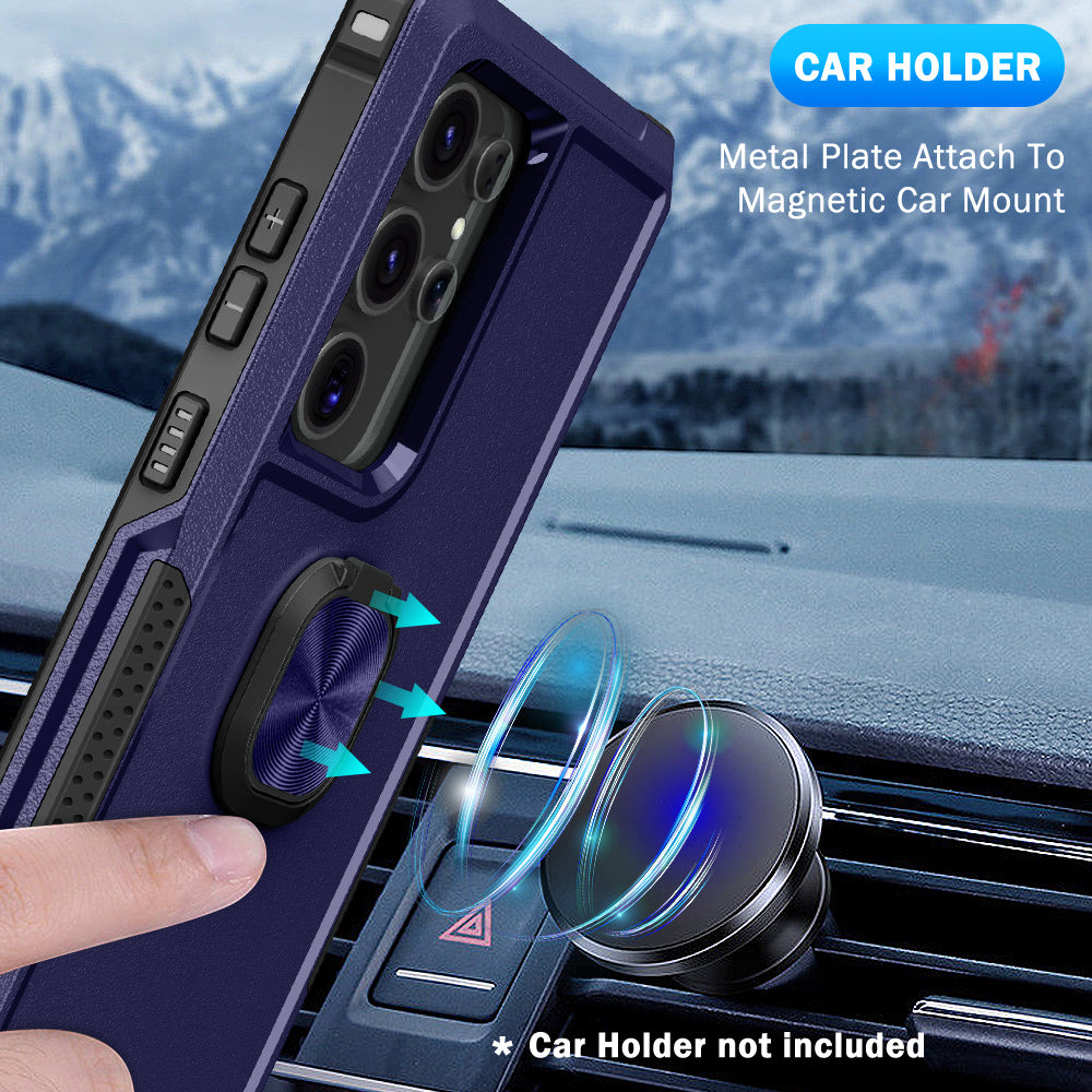 For Samsung Galaxy S24 Ultra Case Shockproof PC+Silicone Phone Cover with Rotary Ring Kickstand - Navy Blue