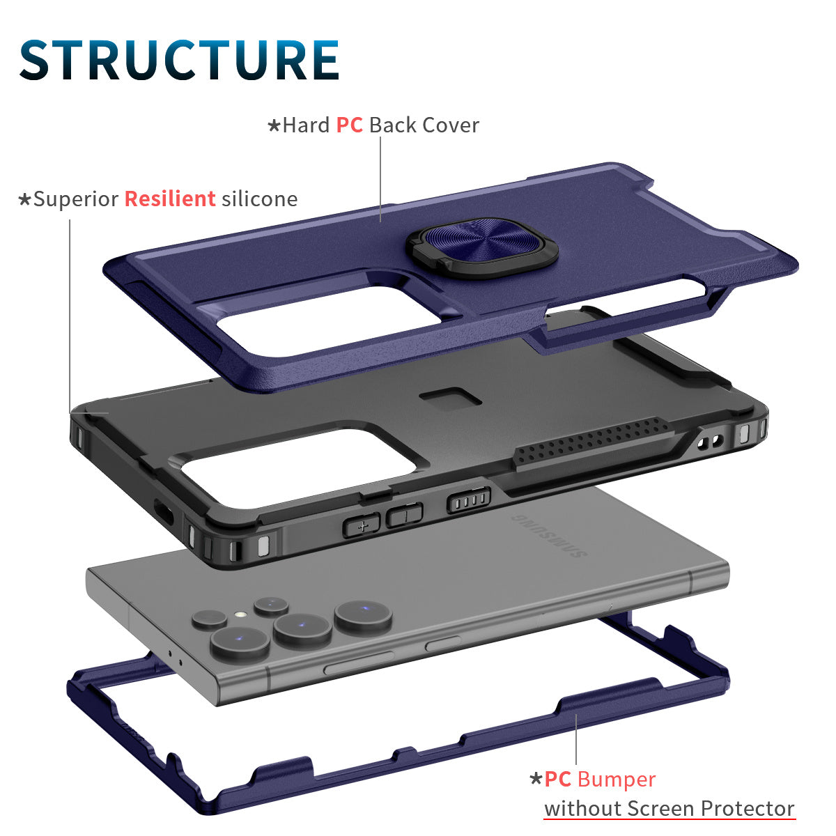 For Samsung Galaxy S24 Ultra Case Shockproof PC+Silicone Phone Cover with Rotary Ring Kickstand - Navy Blue