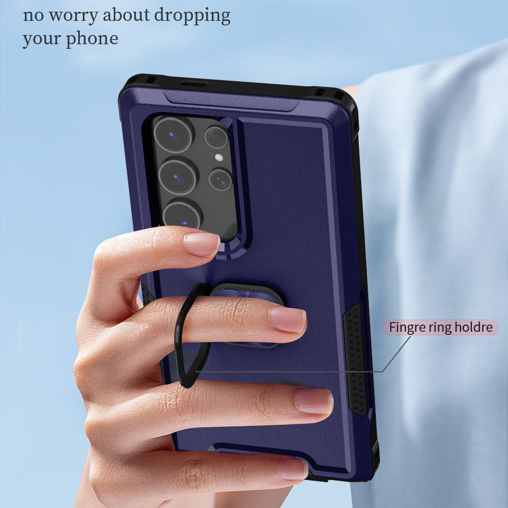 For Samsung Galaxy S24 Ultra Case Shockproof PC+Silicone Phone Cover with Rotary Ring Kickstand - Navy Blue