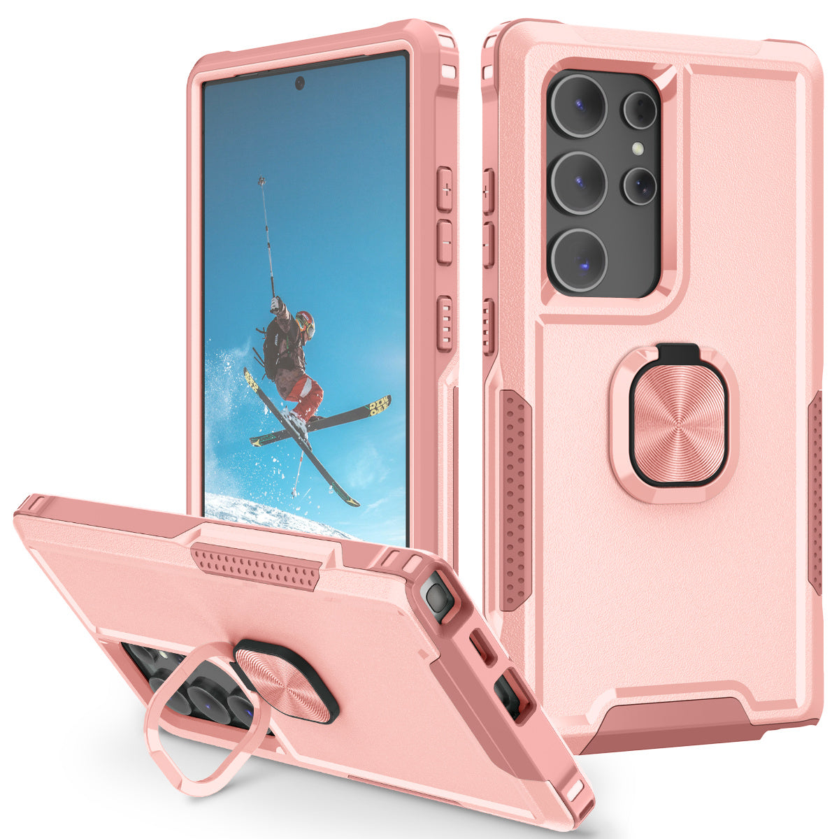 For Samsung Galaxy S24 Ultra Case Shockproof PC+Silicone Phone Cover with Rotary Ring Kickstand - Pink