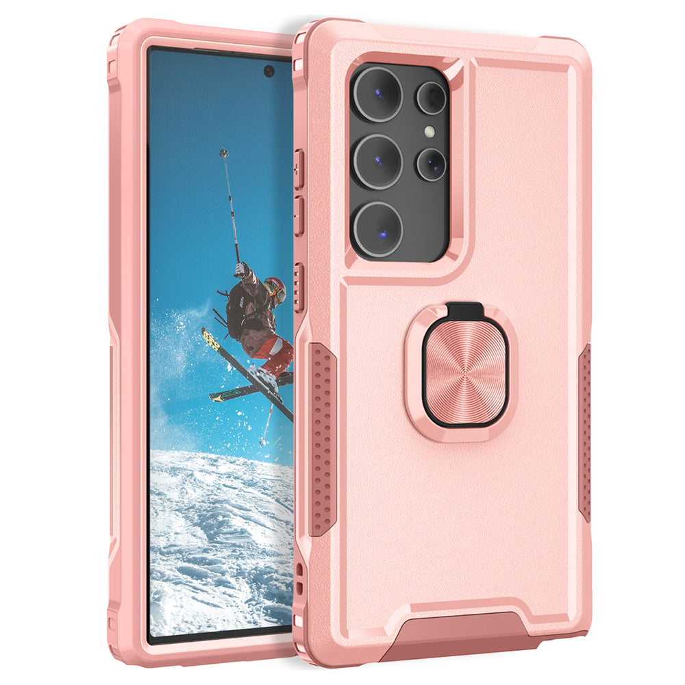 For Samsung Galaxy S24 Ultra Case Shockproof PC+Silicone Phone Cover with Rotary Ring Kickstand - Pink