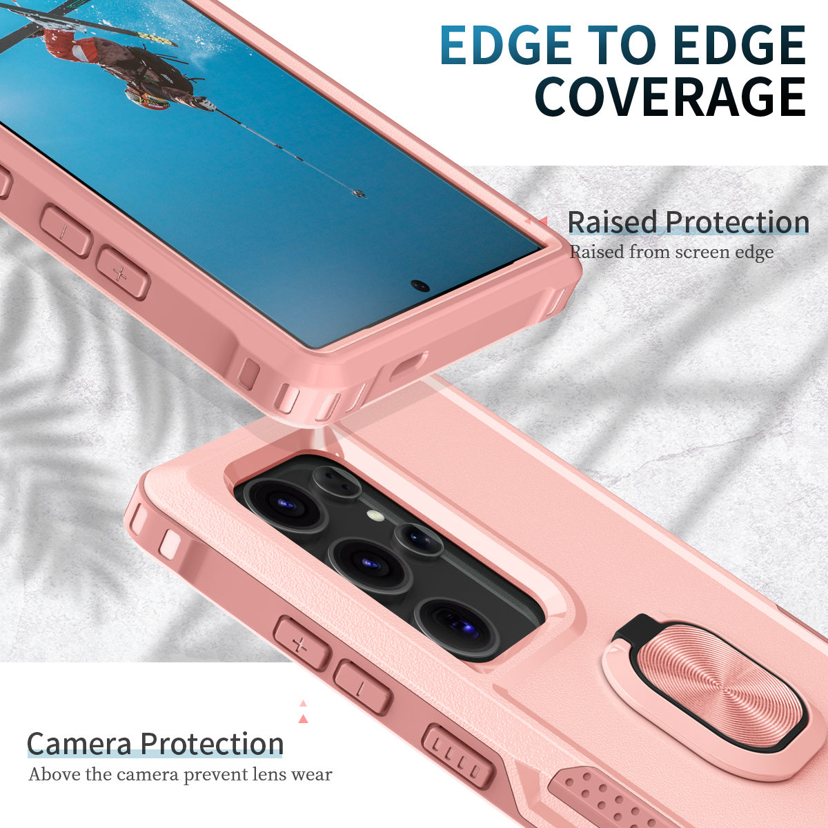For Samsung Galaxy S24 Ultra Case Shockproof PC+Silicone Phone Cover with Rotary Ring Kickstand - Pink