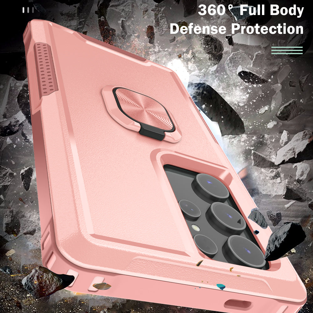 For Samsung Galaxy S24 Ultra Case Shockproof PC+Silicone Phone Cover with Rotary Ring Kickstand - Pink