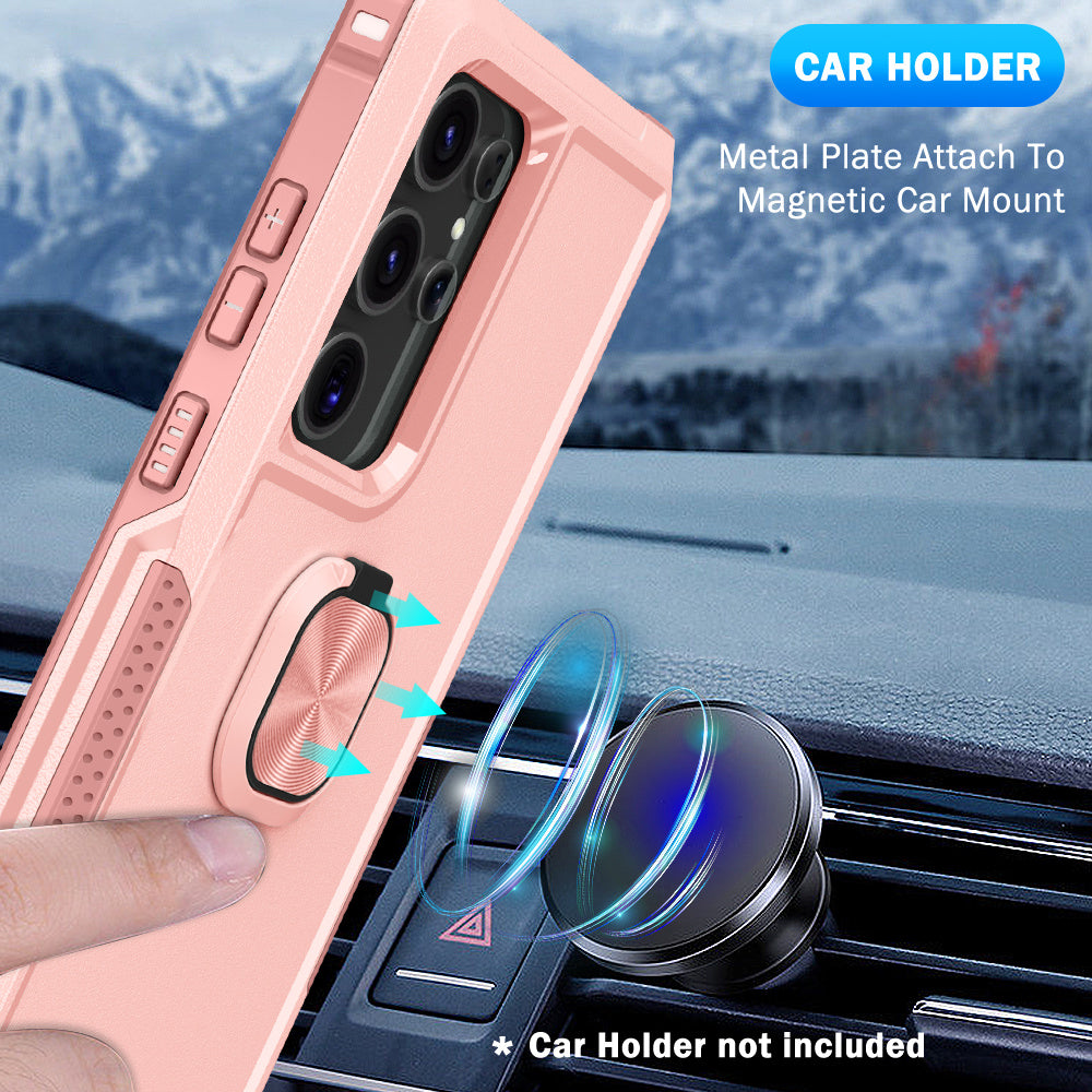 For Samsung Galaxy S24 Ultra Case Shockproof PC+Silicone Phone Cover with Rotary Ring Kickstand - Pink