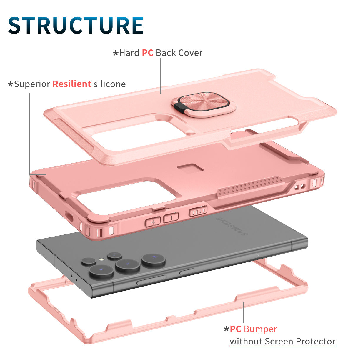 For Samsung Galaxy S24 Ultra Case Shockproof PC+Silicone Phone Cover with Rotary Ring Kickstand - Pink
