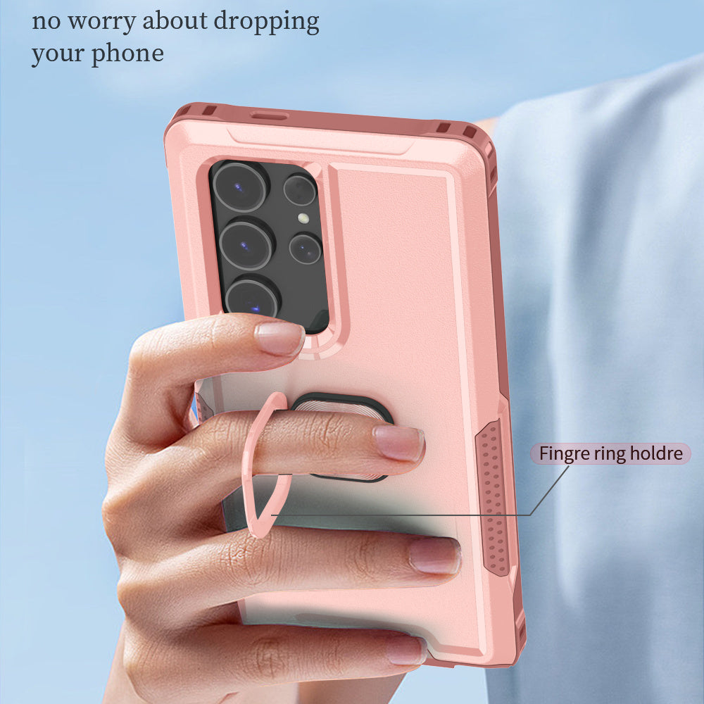 For Samsung Galaxy S24 Ultra Case Shockproof PC+Silicone Phone Cover with Rotary Ring Kickstand - Pink