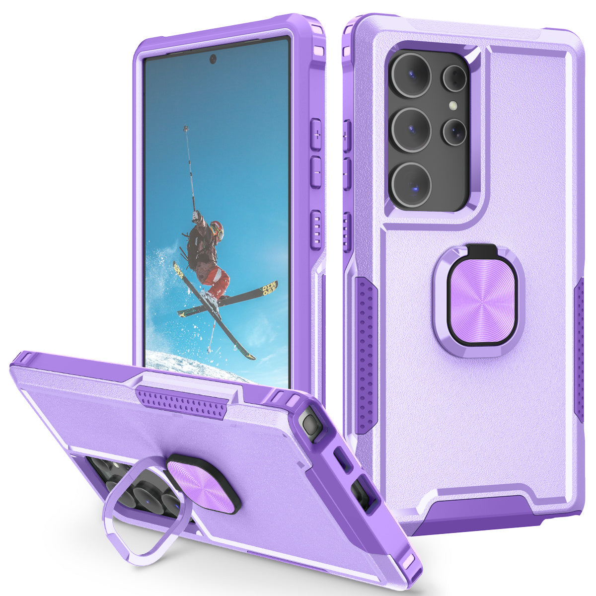 For Samsung Galaxy S24 Ultra Case Shockproof PC+Silicone Phone Cover with Rotary Ring Kickstand - Light Purple