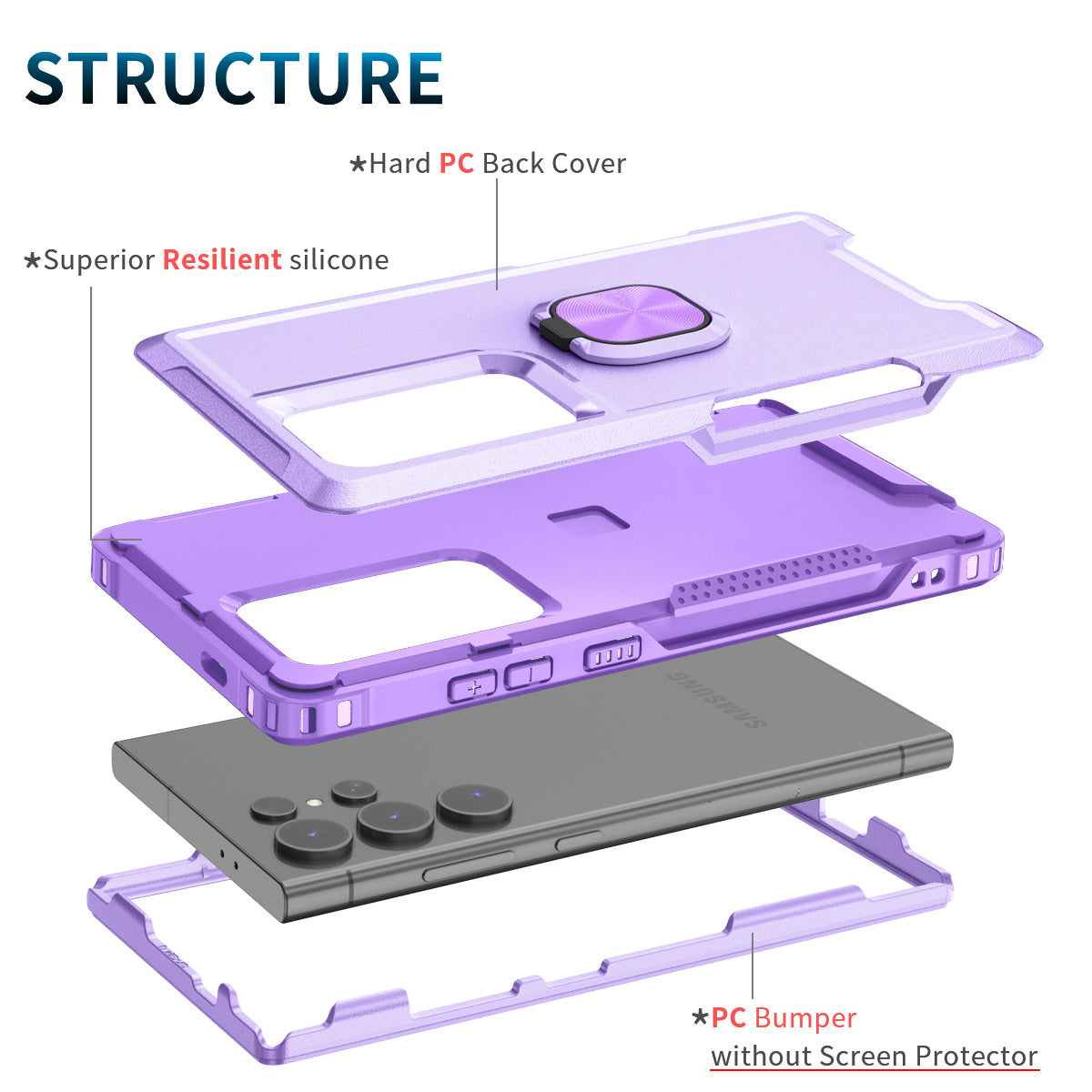 For Samsung Galaxy S24 Ultra Case Shockproof PC+Silicone Phone Cover with Rotary Ring Kickstand - Light Purple