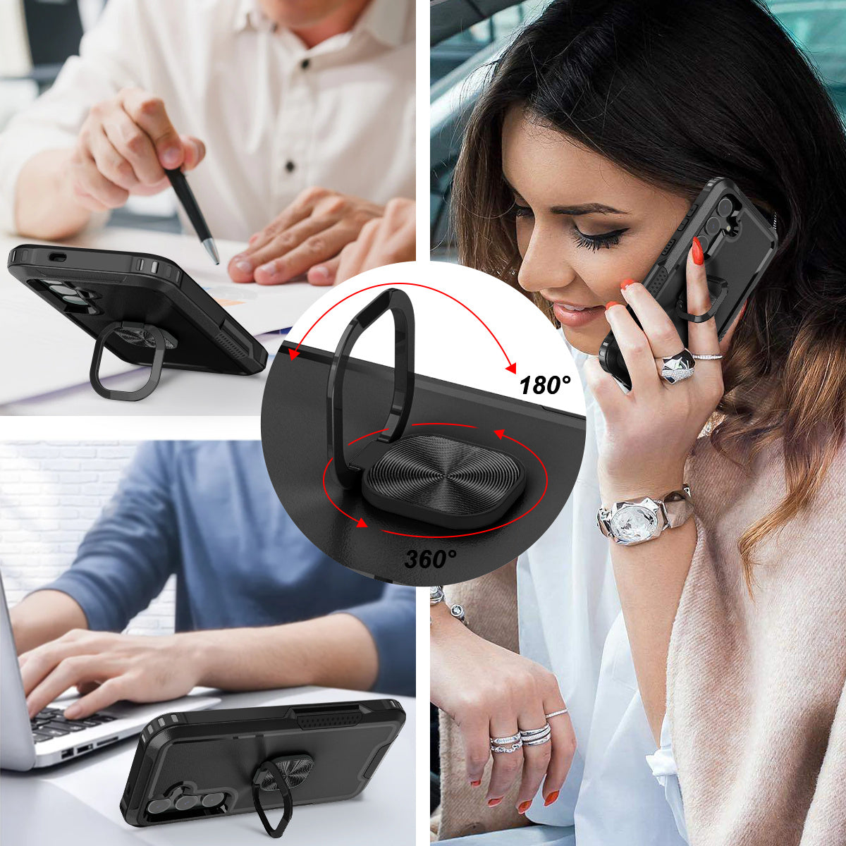 For Samsung Galaxy S24+ Case Anti-scratch PC+Silicone Rotatable Ring Kickstand Phone Protector - Black