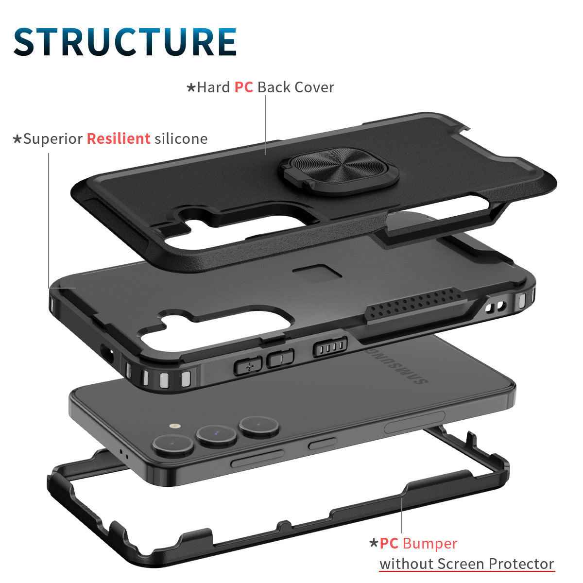 For Samsung Galaxy S24+ Case Anti-scratch PC+Silicone Rotatable Ring Kickstand Phone Protector - Black