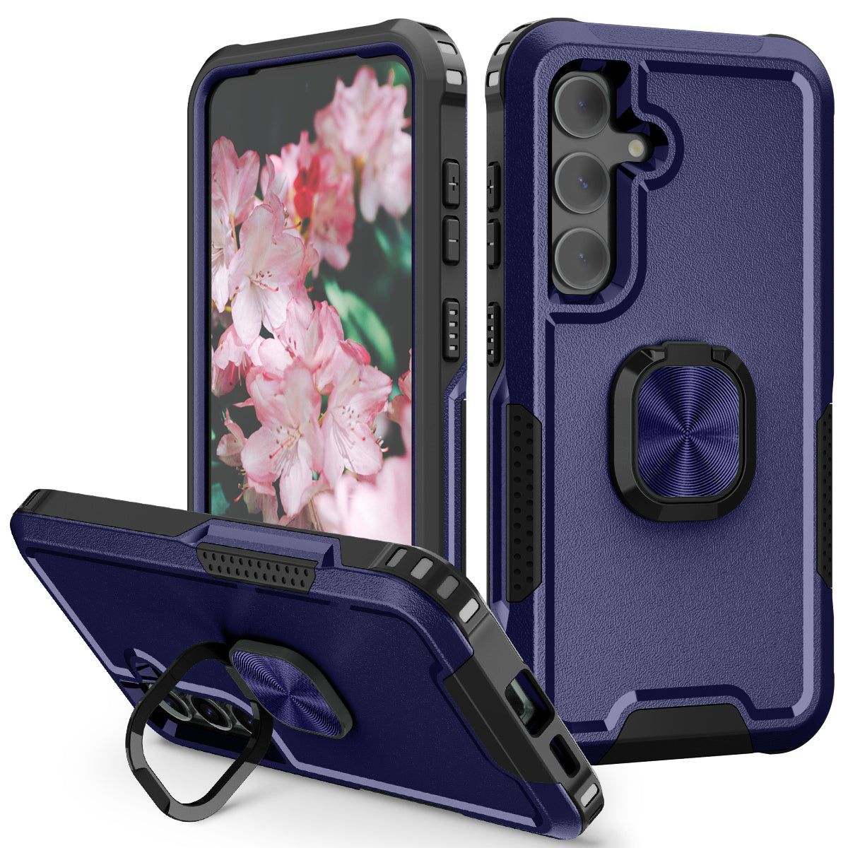 For Samsung Galaxy S24+ Case Anti-scratch PC+Silicone Rotatable Ring Kickstand Phone Protector - Navy Blue
