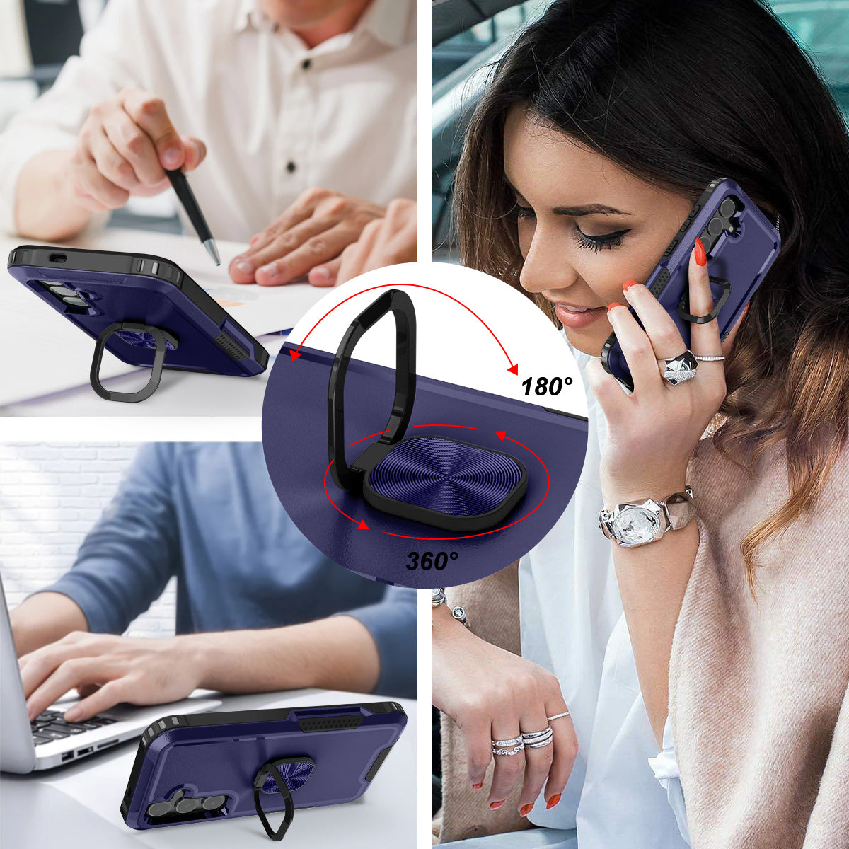 For Samsung Galaxy S24+ Case Anti-scratch PC+Silicone Rotatable Ring Kickstand Phone Protector - Navy Blue