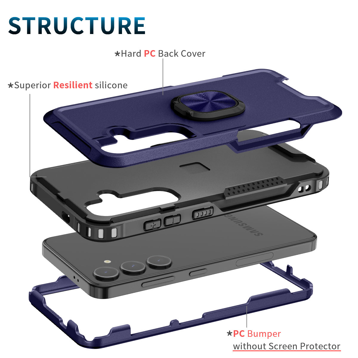 For Samsung Galaxy S24+ Case Anti-scratch PC+Silicone Rotatable Ring Kickstand Phone Protector - Navy Blue
