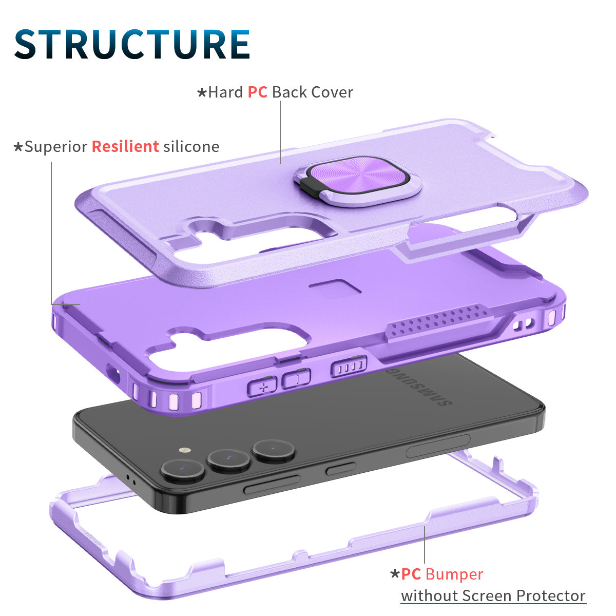 For Samsung Galaxy S24+ Case Anti-scratch PC+Silicone Rotatable Ring Kickstand Phone Protector - Light Purple