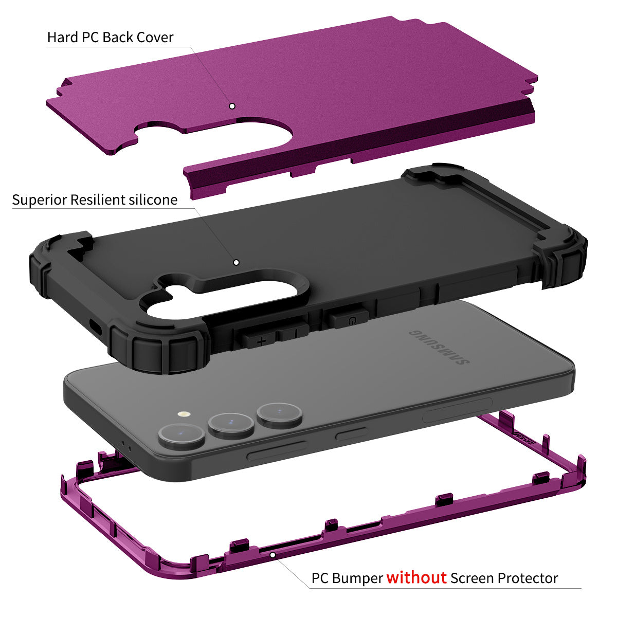 L-Style For Samsung Galaxy S24+ Case Drop-proof PC + Silicone Protective Back Cover - Dark Purple+Black