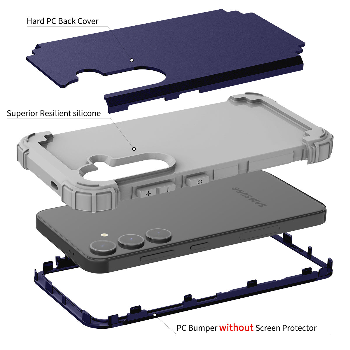 L-Style For Samsung Galaxy S24 Cell Phone Case Anti-fingerprints PC + Silicone Cover - Navy Blue+Dark Grey