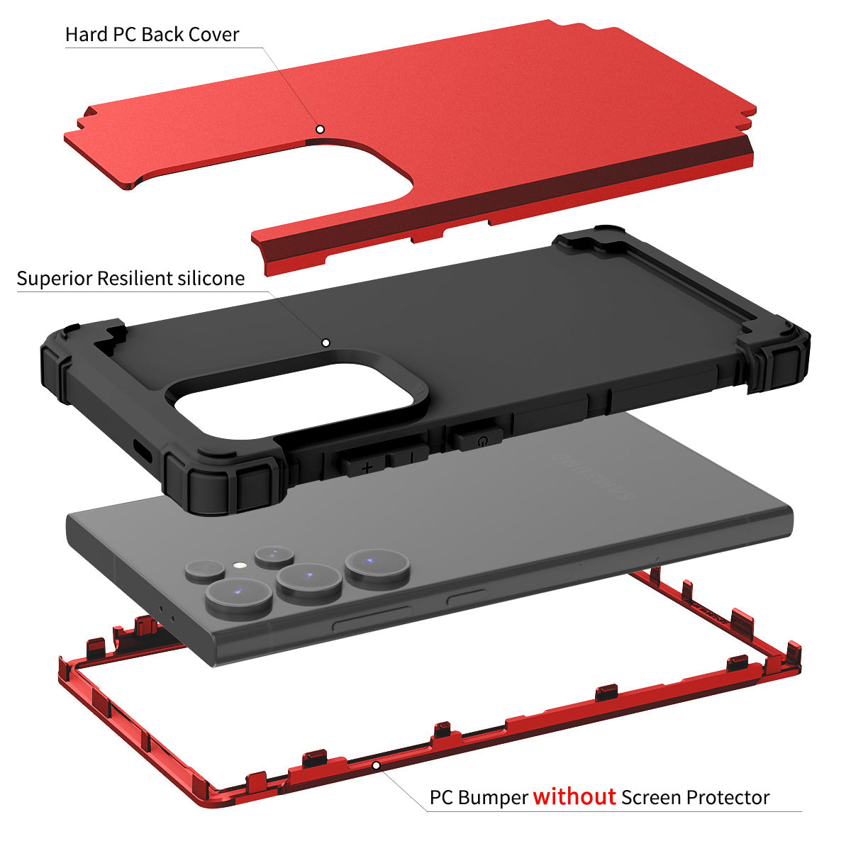 L-Style Phone Cover for Samsung Galaxy S24 Ultra Shell Scratch-resistant PC + Silicone Case - Red+Black