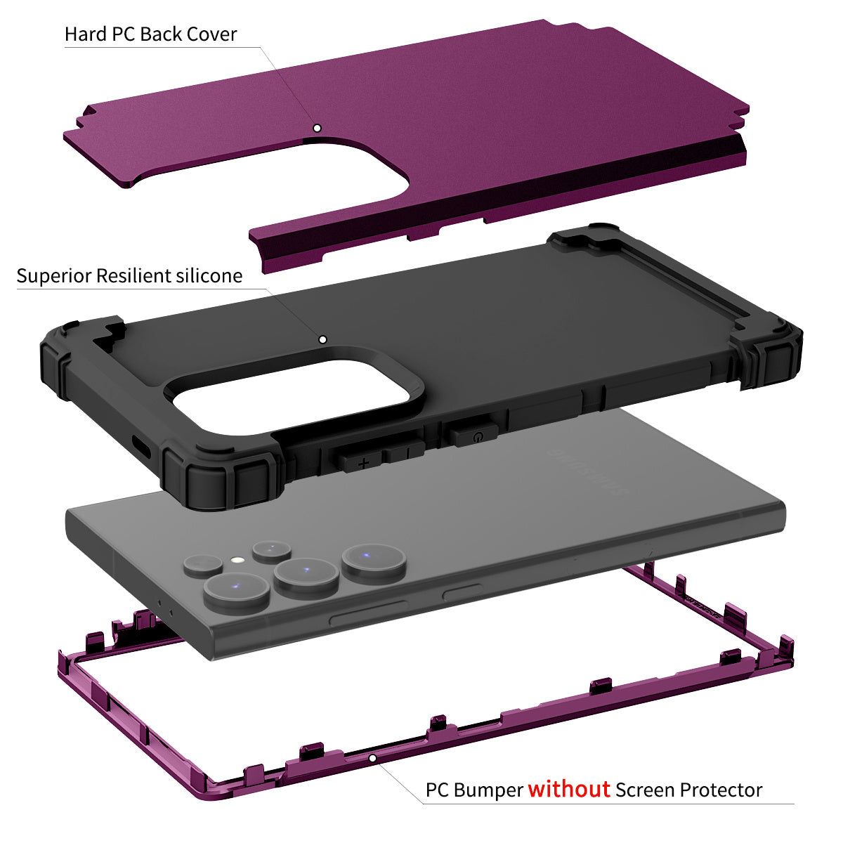 L-Style Phone Cover for Samsung Galaxy S24 Ultra Shell Scratch-resistant PC + Silicone Case - Dark Purple+Black