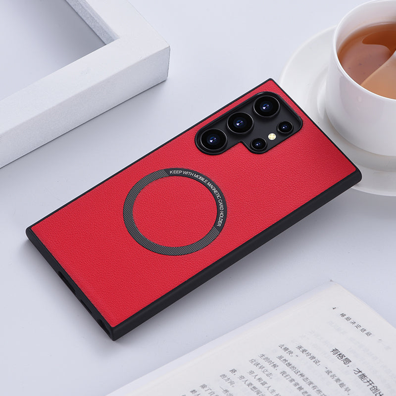 For Samsung Galaxy S24 Ultra Phone Case Compatible with MagSafe Leather+TPU Cover - Red