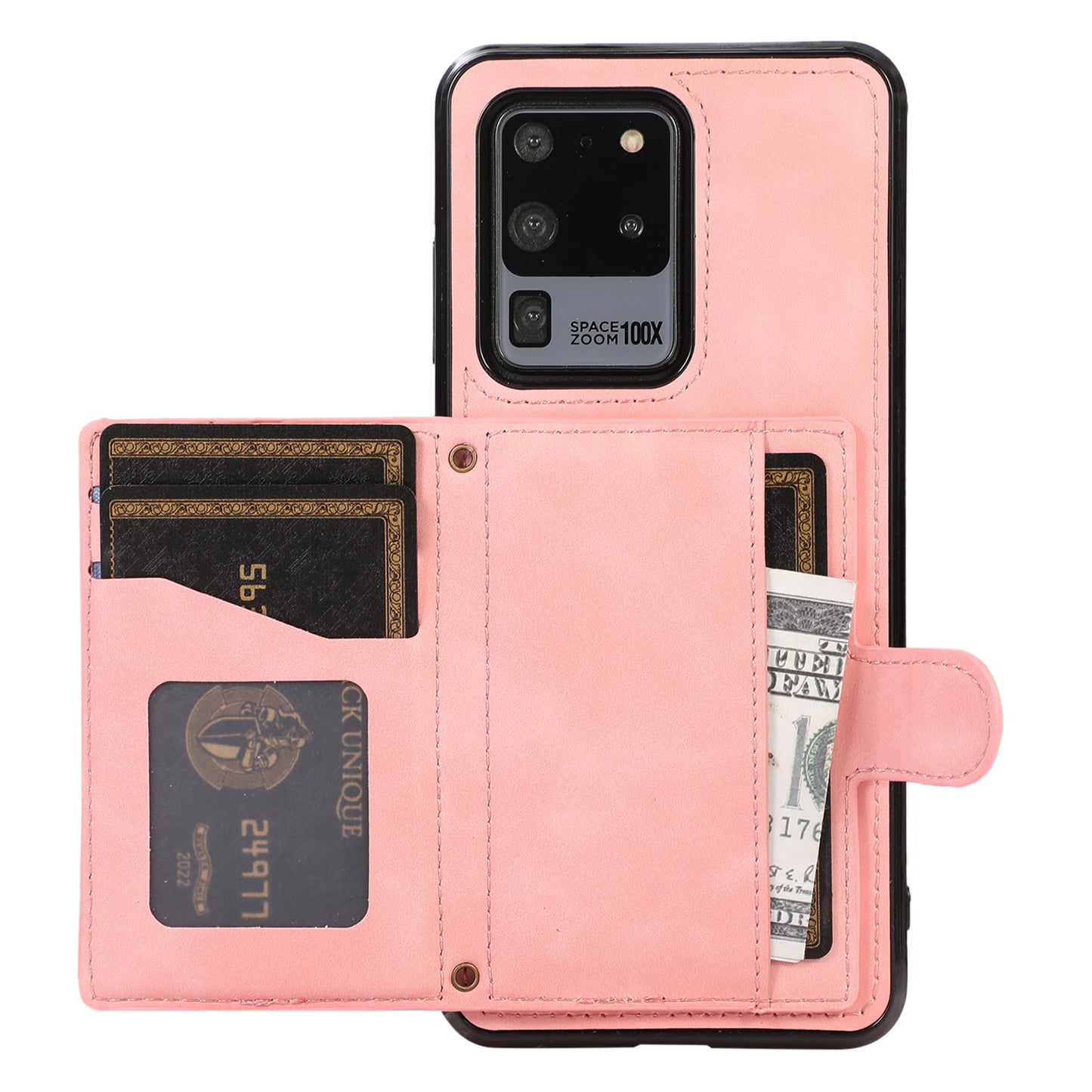 Phone Case for Samsung Galaxy S20 Ultra Card Holder TPU+PU Leather Kickstand Phone Cover - Rose Gold