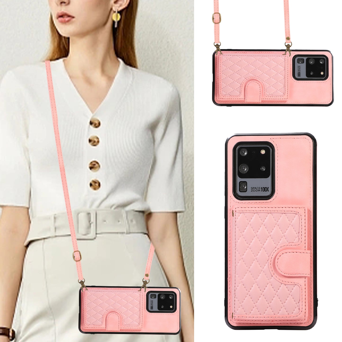 Phone Case for Samsung Galaxy S20 Ultra Card Holder TPU+PU Leather Kickstand Phone Cover - Rose Gold