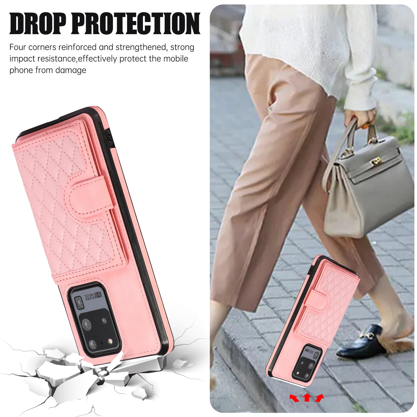 Phone Case for Samsung Galaxy S20 Ultra Card Holder TPU+PU Leather Kickstand Phone Cover - Rose Gold