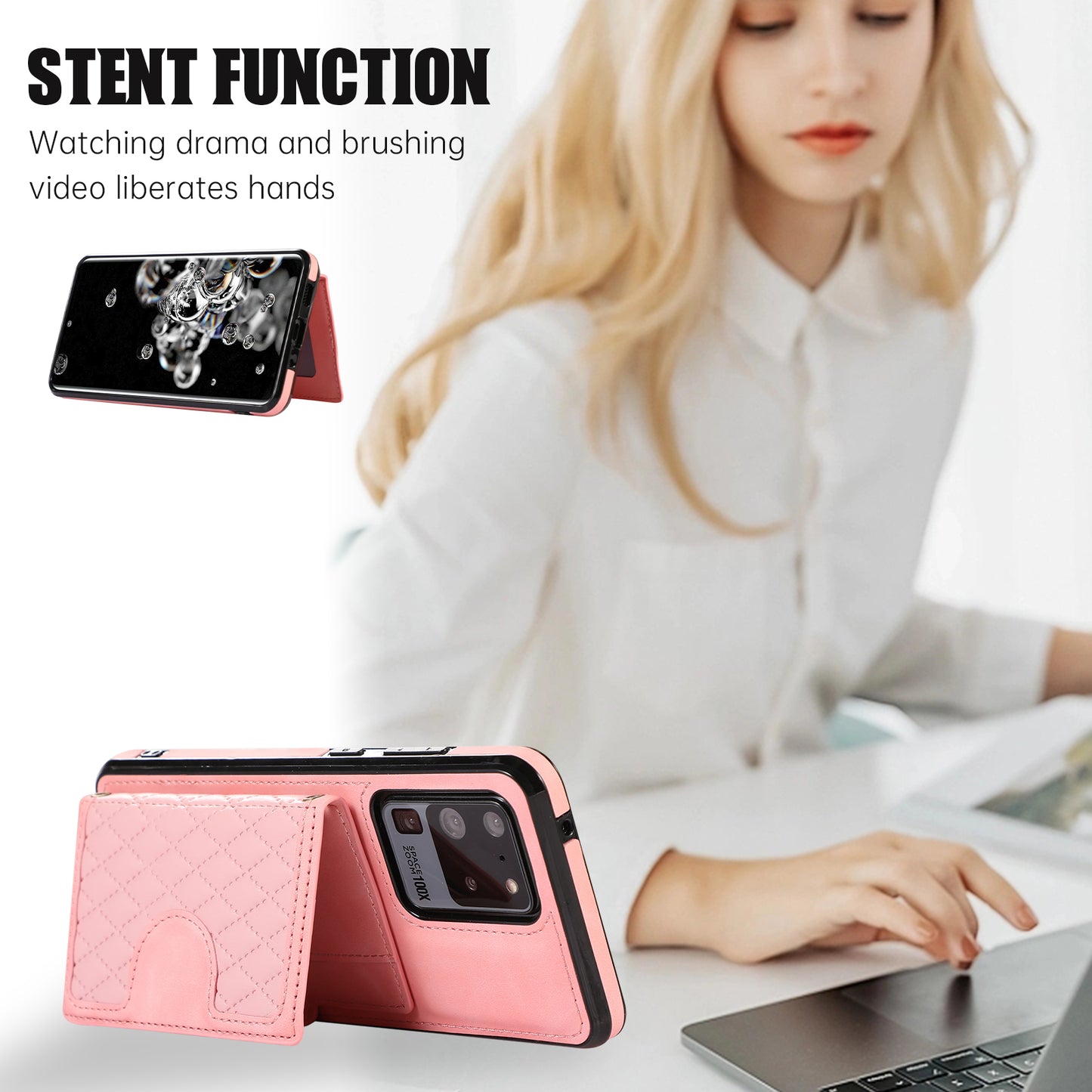 Phone Case for Samsung Galaxy S20 Ultra Card Holder TPU+PU Leather Kickstand Phone Cover - Rose Gold